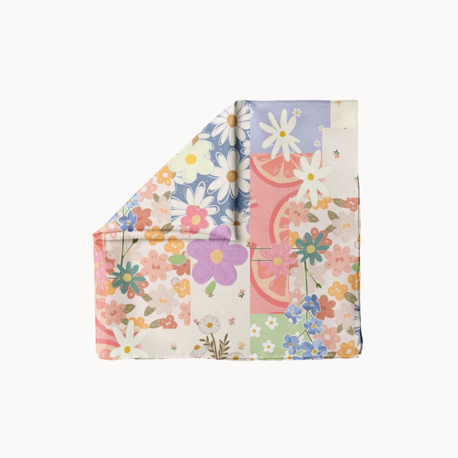 Botanica Breeze pastel floral headscarf with patchwork daisy and wildflower print, lightweight spring accessory for women