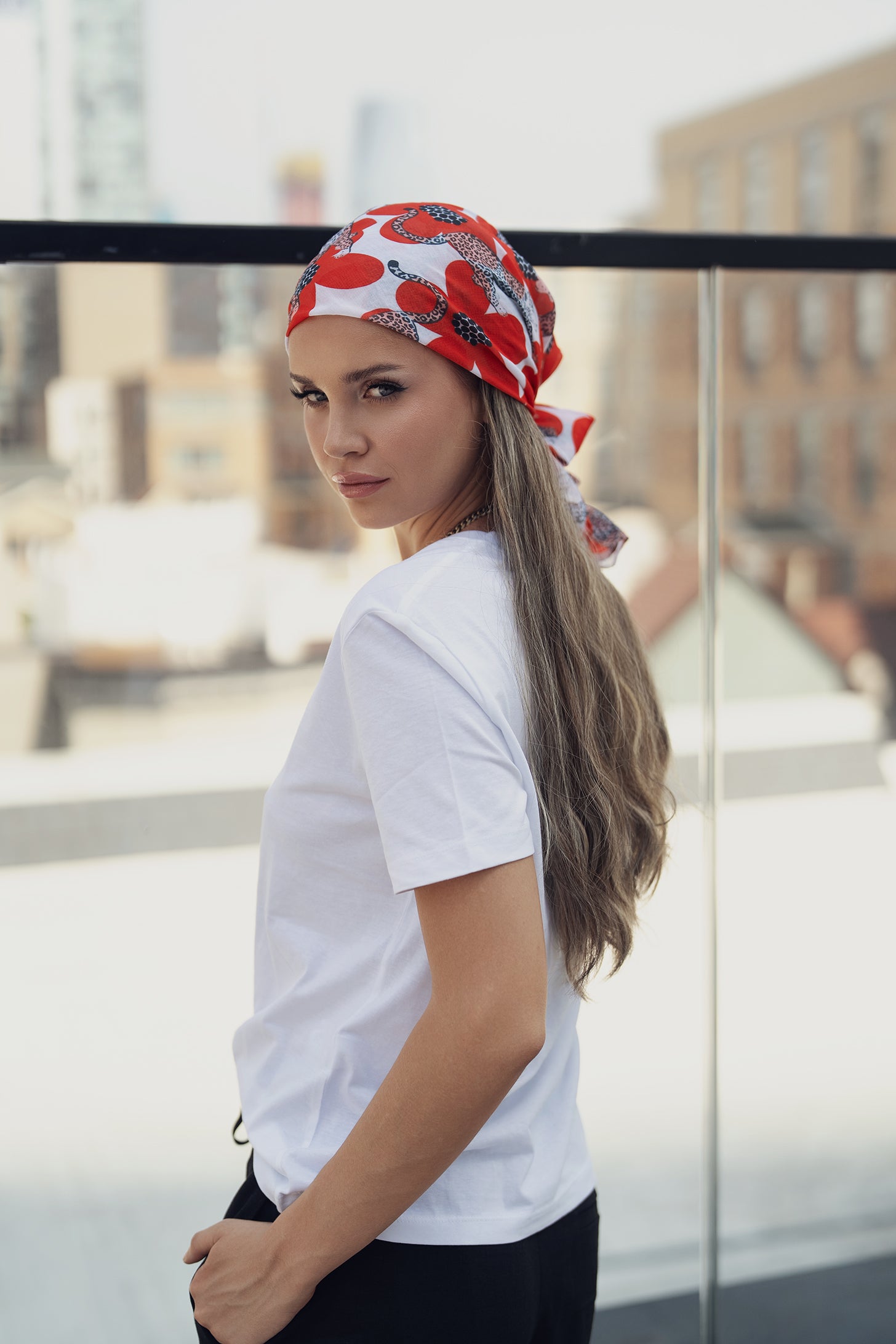 Camellias and Claws Head Scarf featuring bold floral and feline pattern