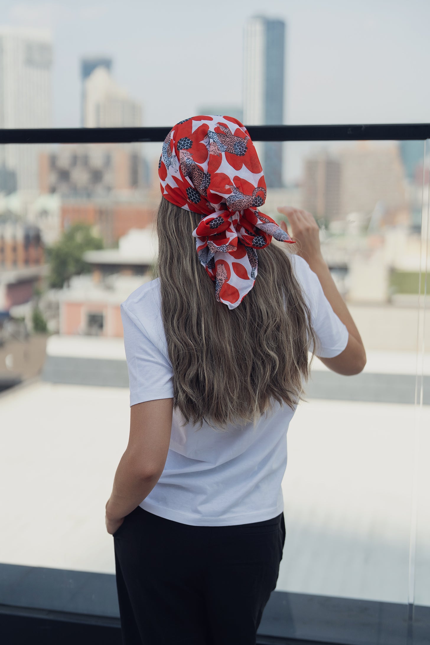 White head scarf with red camellia flowers and leopard print