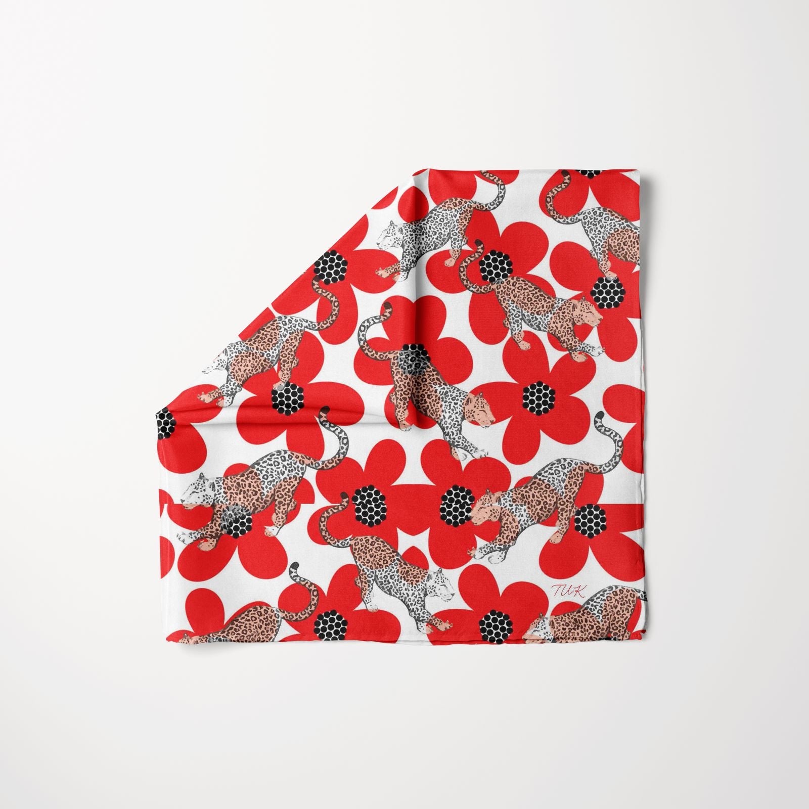 Square scarf with red flowers and illustrated leopards