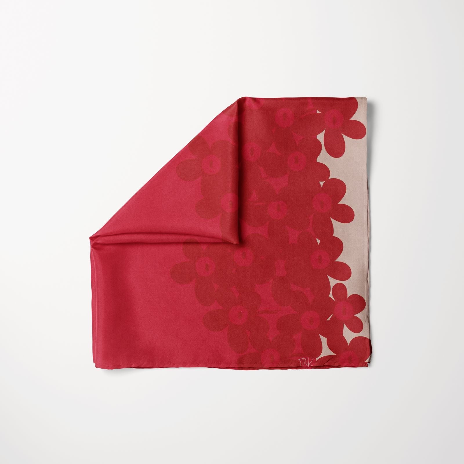 Petal Theory Head Scarf featuring bold red flowers on neutral background