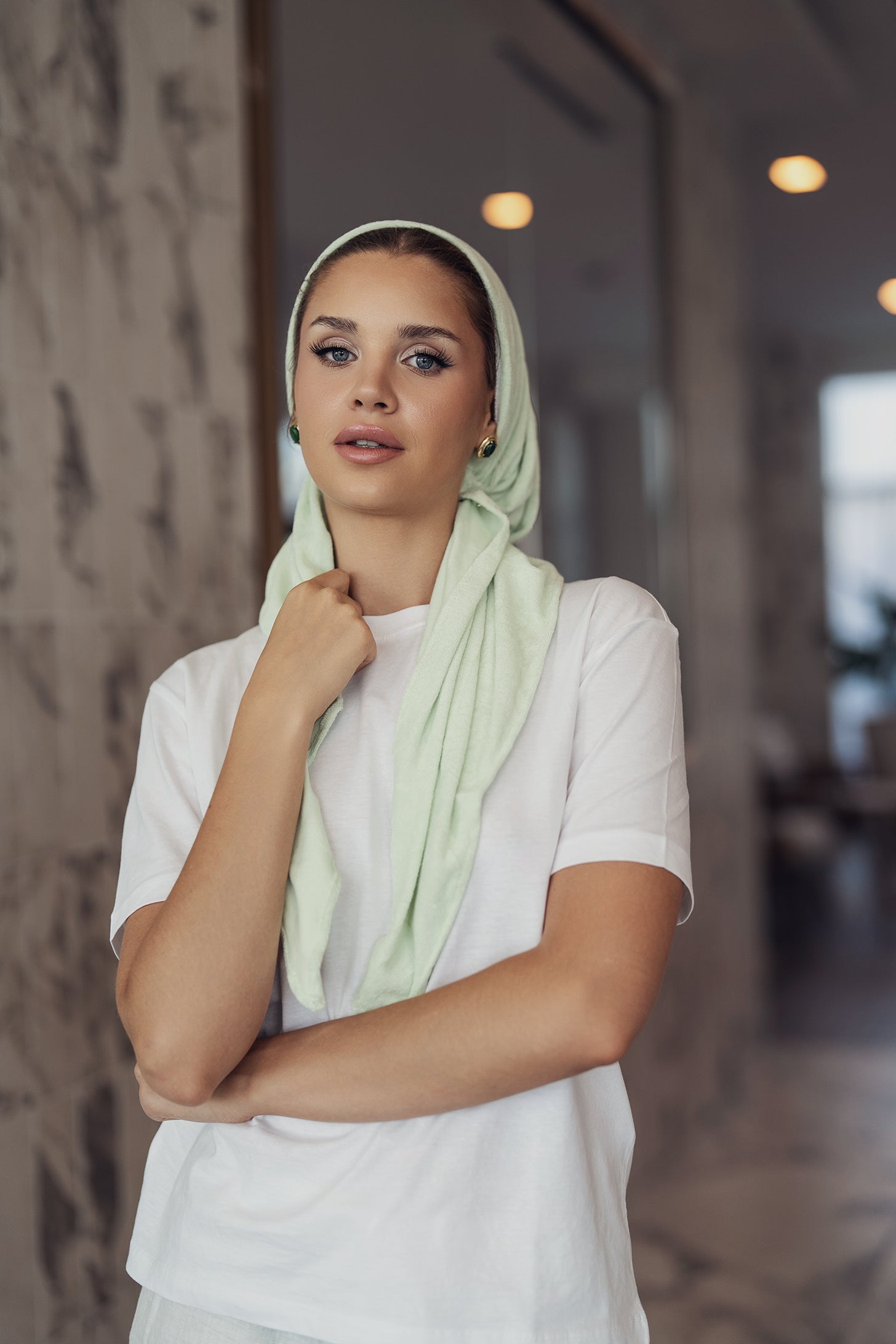 Soft Lime Terry Pre Tie Adjustable Head Scarf