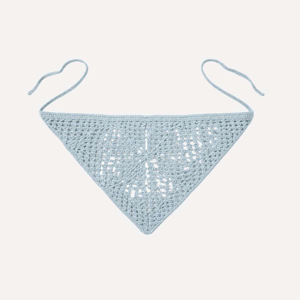Air Crochet Bandana by TUK in soft blue crochet knit with breathable openwork design, adjustable ties, and lightweight style.