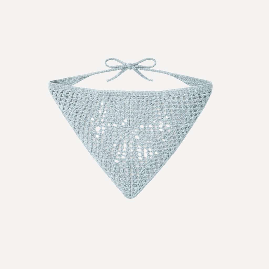 Air Crochet Bandana by TUK in soft blue crochet knit with airy openwork texture, adjustable tie closure, and lightweight boho style.