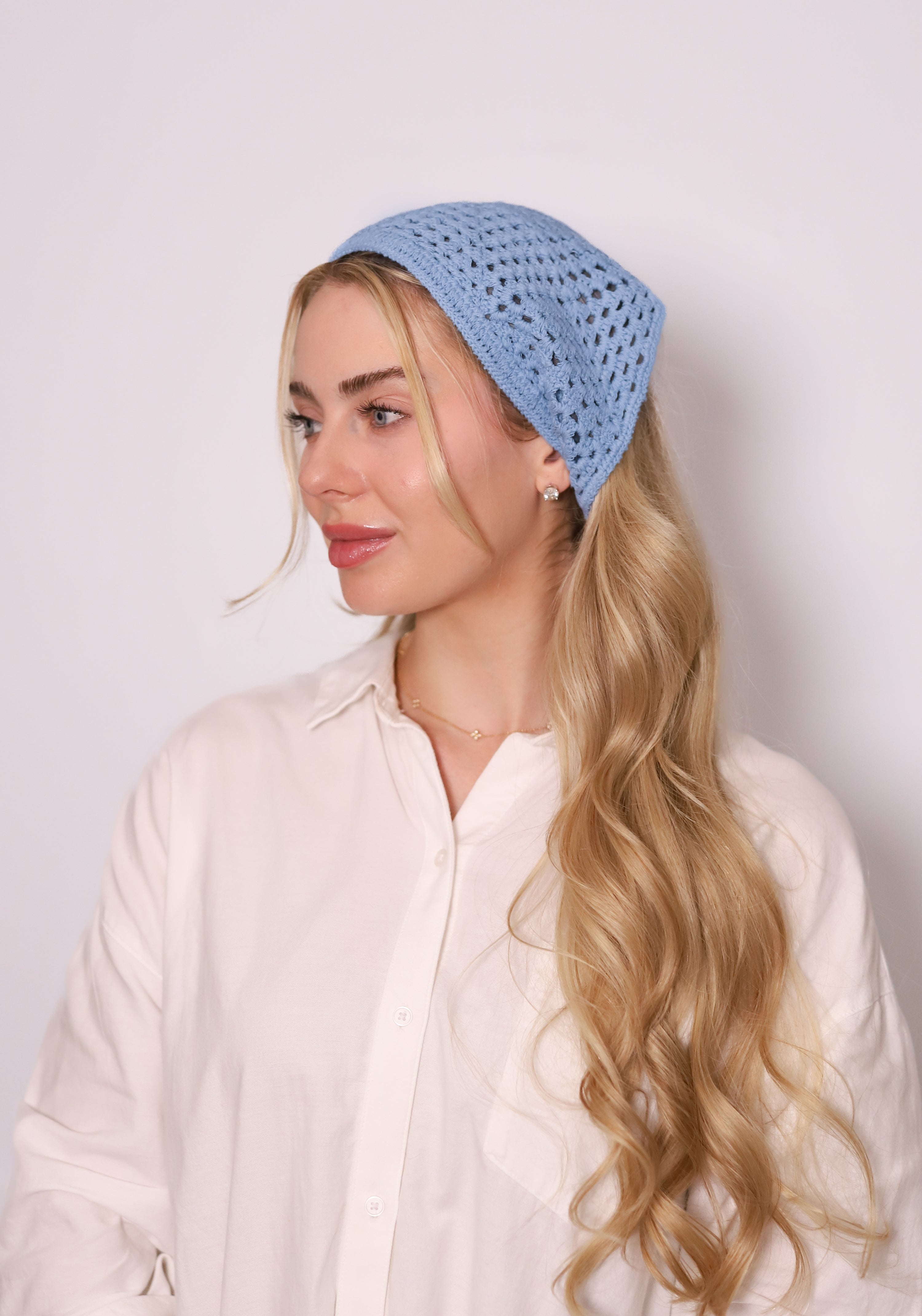TUK Air Crochet Bandana – light blue crochet headscarf with breathable open-knit design, stylish boho hair accessory.