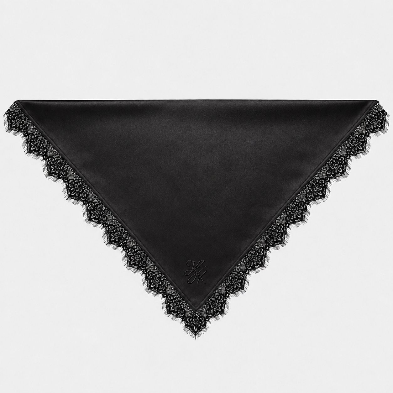 TUK's Black Lace Trim Silk Head Scarf in sleek black silk with delicate floral lace trim, scalloped edges and tonal monogram.