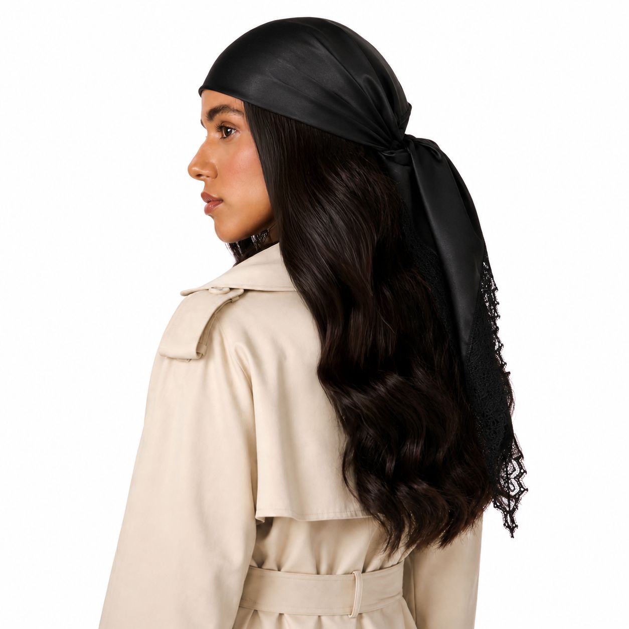 TUK Black Lace Trim Silk Head Scarf styled in sleek black silk with delicate lace edging, tied over long dark wavy hair.