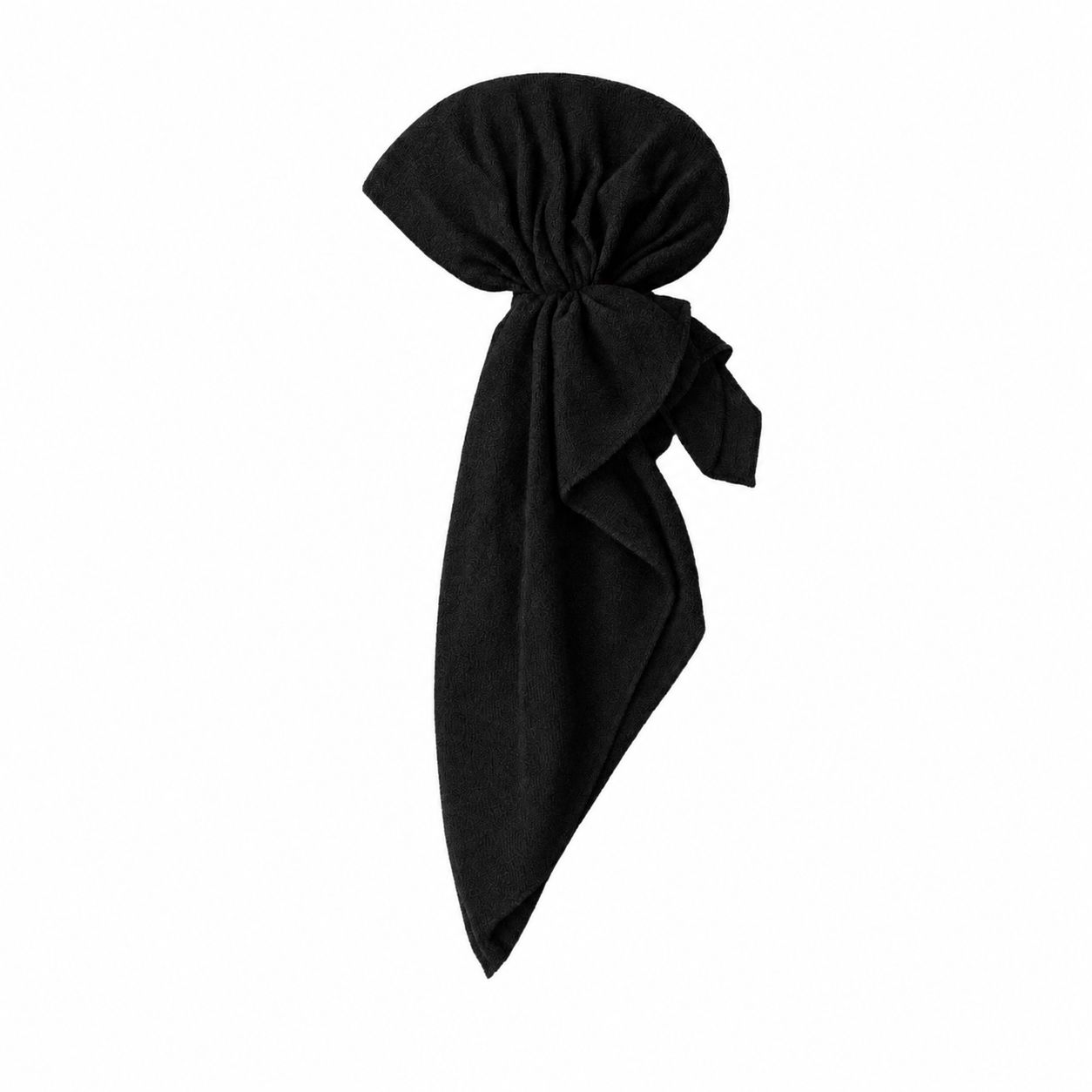 Black Terry Head Scarf swim headscarf in soft terry fabric, featuring a gathered tie design and elegant draped tail.