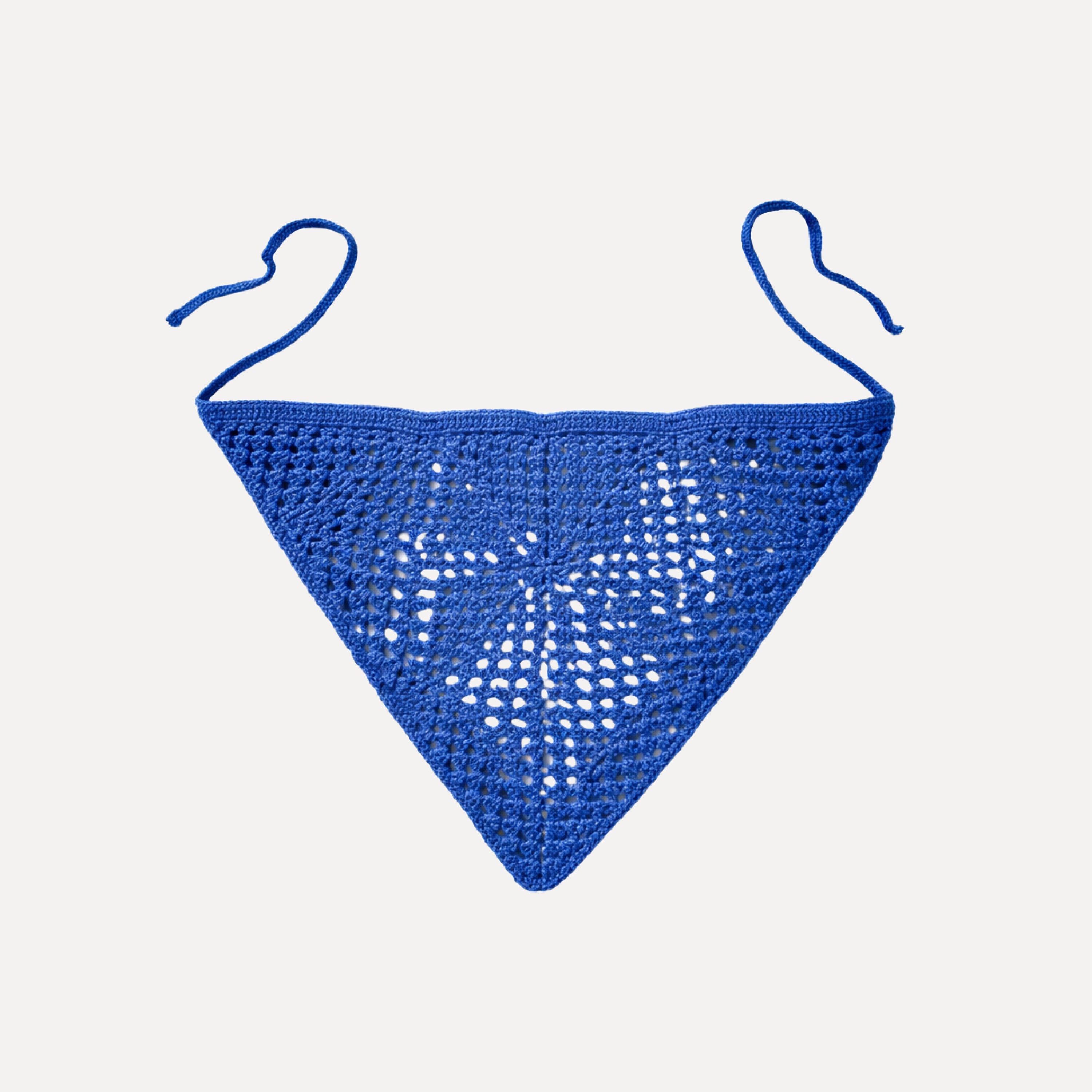 TUK Blue Crochet Bandana with floral open-knit crochet pattern and adjustable tie-back design for boho summer styling.