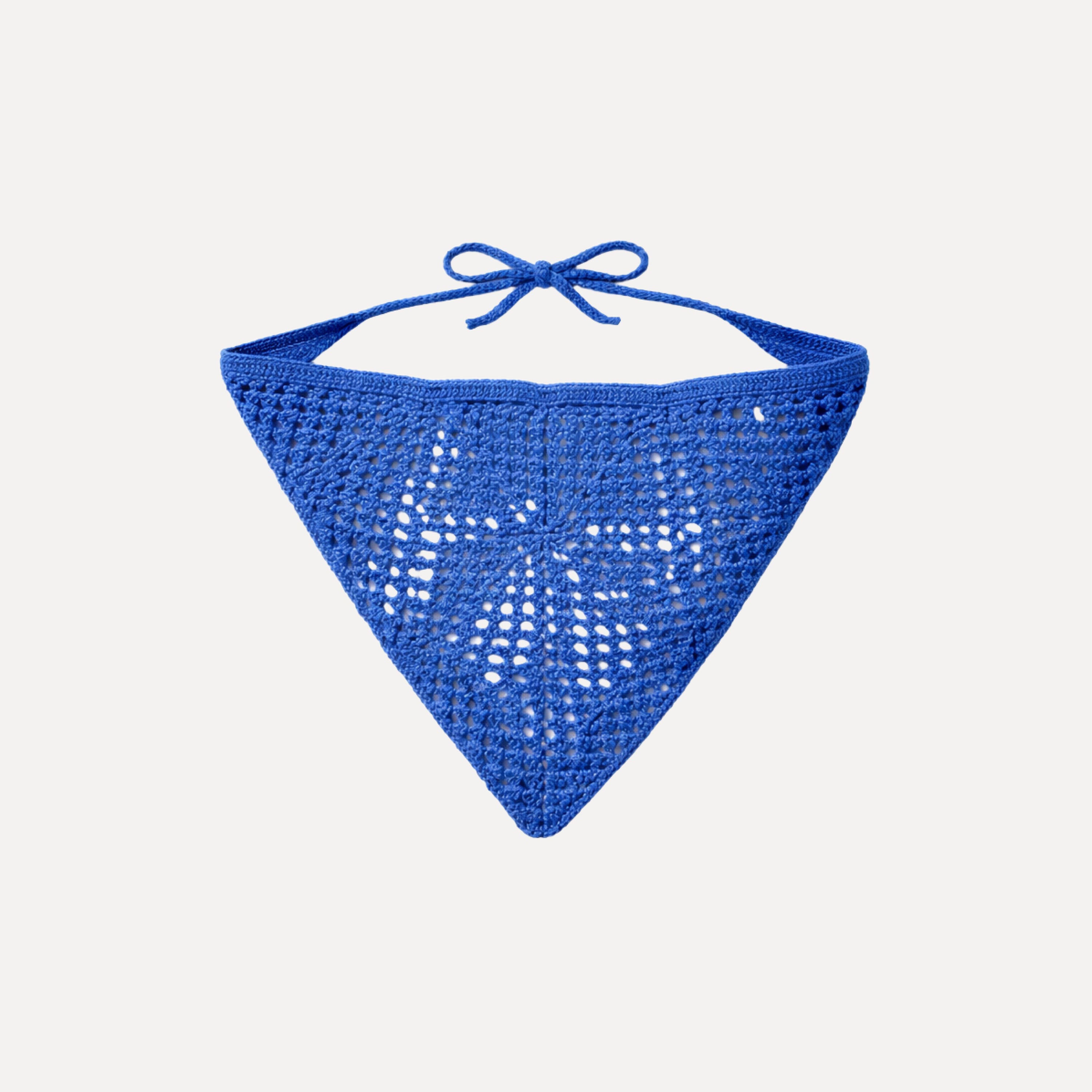 TUK Blue Crochet Bandana featuring a handmade-style boho knit design with adjustable tie-back head scarf styling.