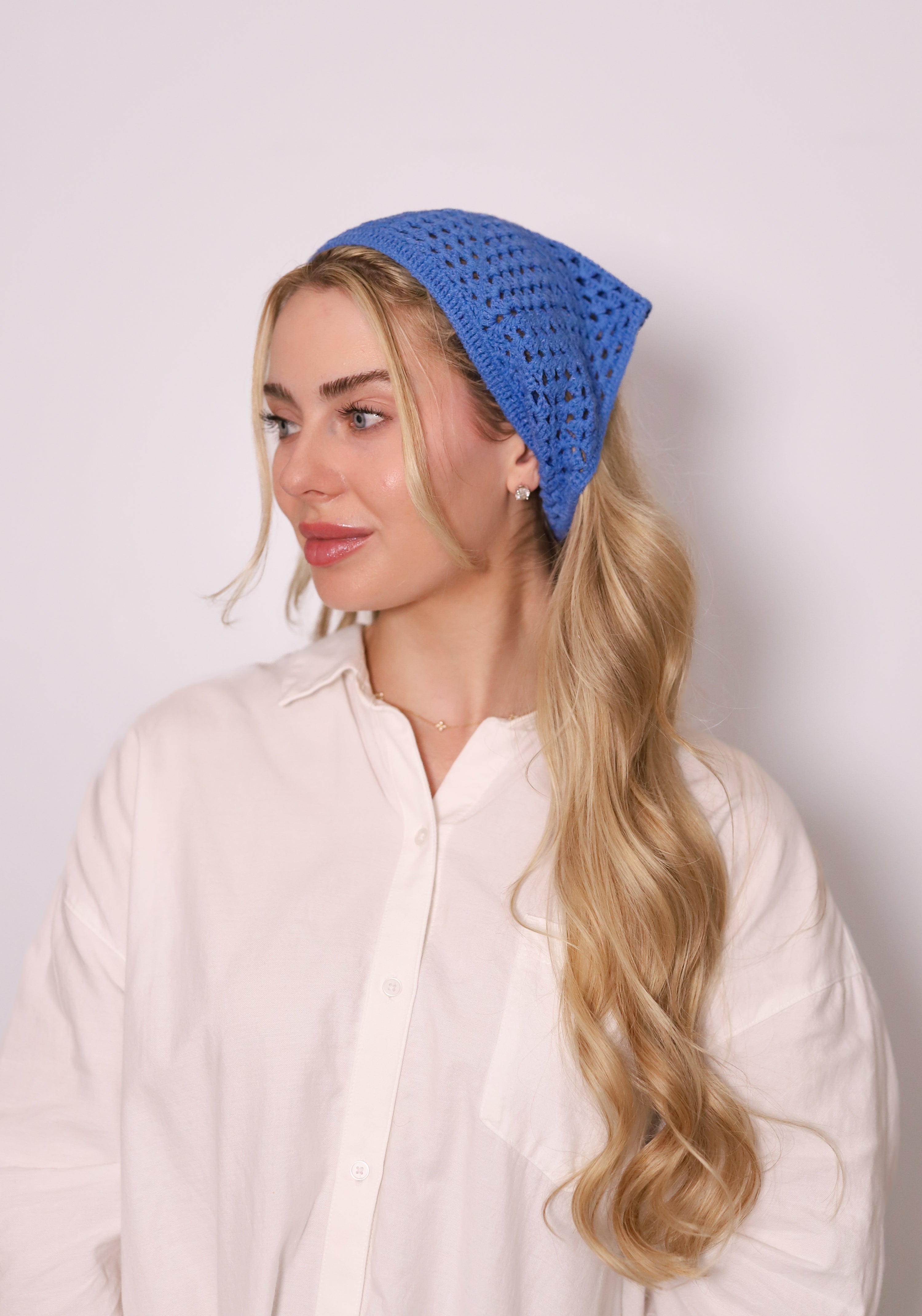 TUK Blue Crochet Bandana – vibrant blue crochet headscarf with breathable knit design, stylish boho hair accessory.