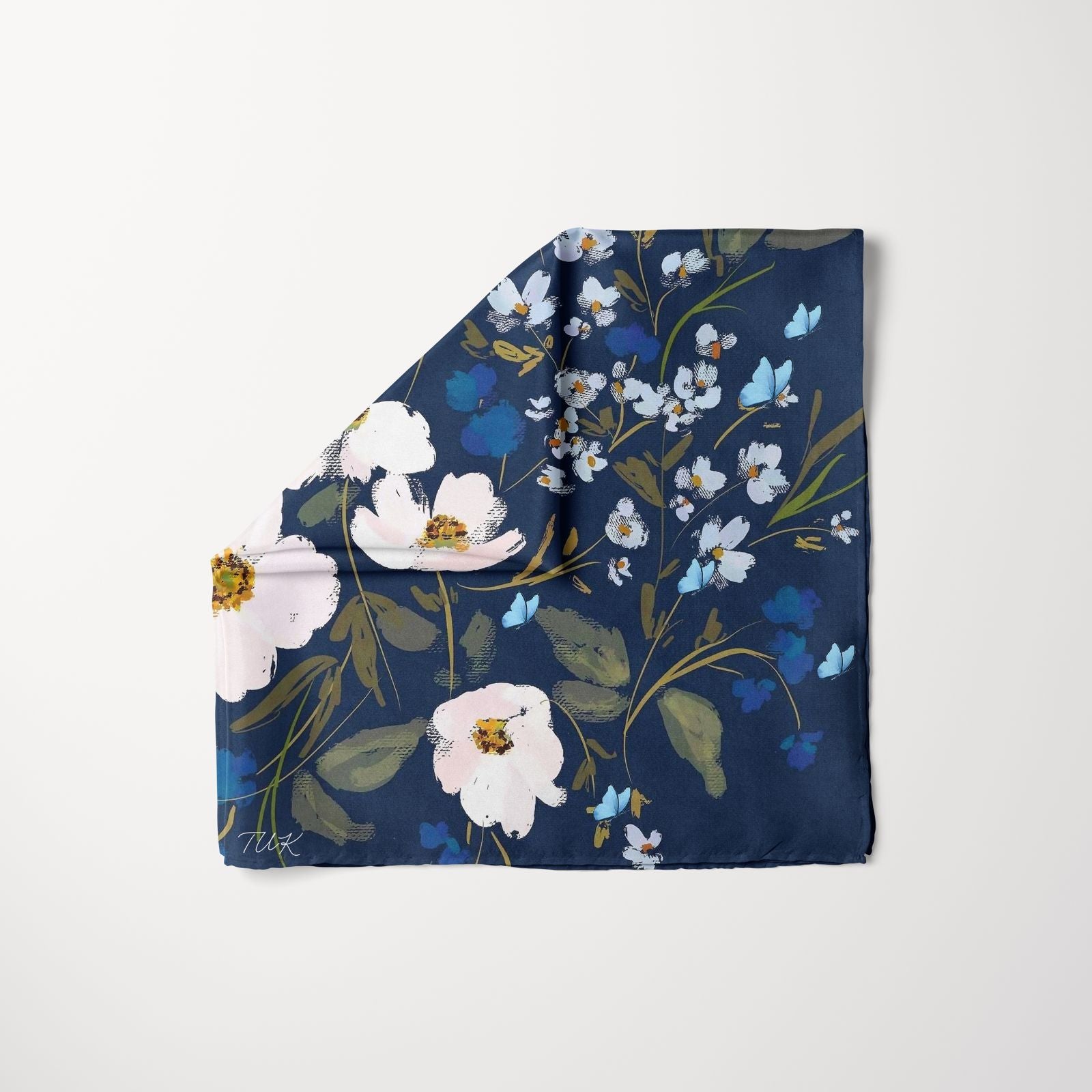 TUK Blue Hour Head Scarf featuring a navy background with soft pink florals, green leaves, and delicate blue butterflies.