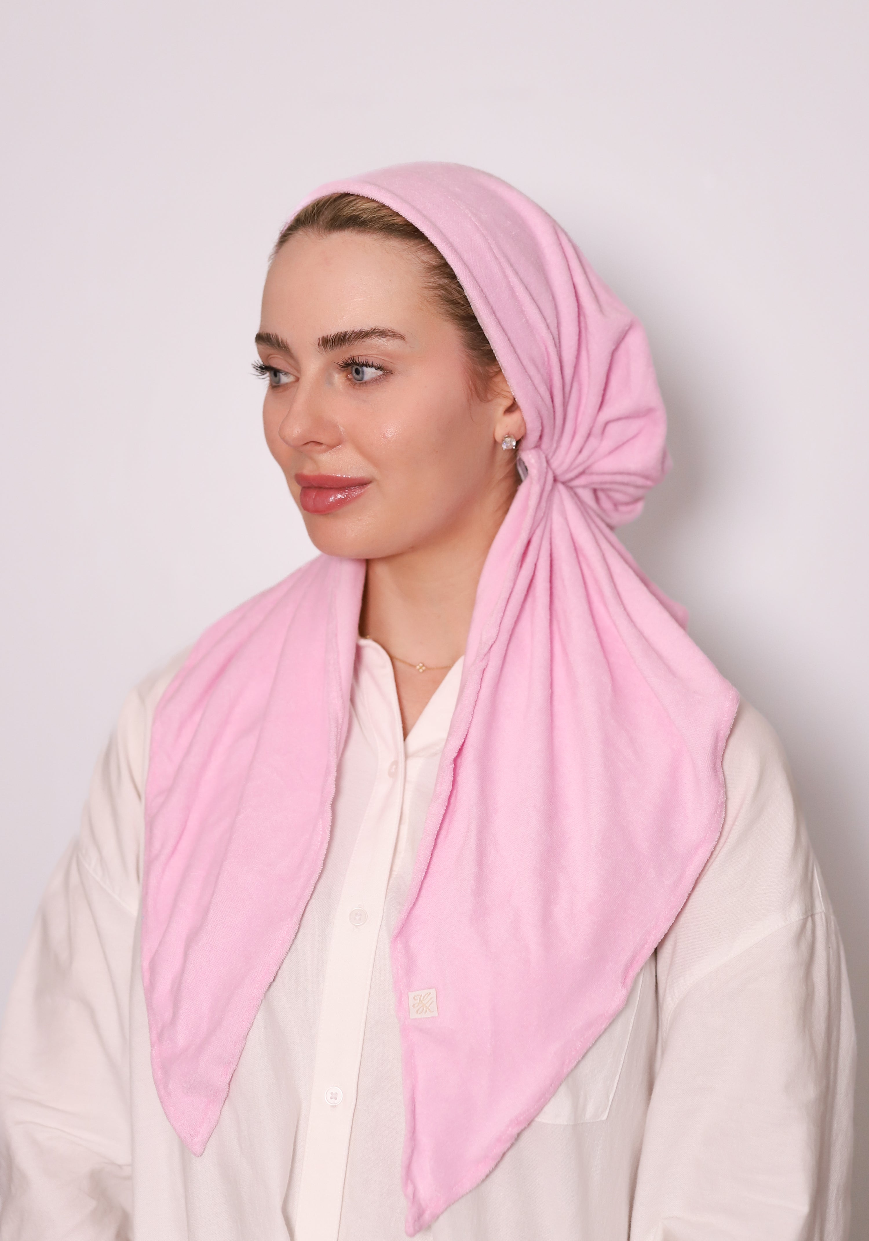 Blush Pink Terry Head Scarf by TUK in soft absorbent terry fabric, lightweight hair wrap headscarf for stylish everyday wear.