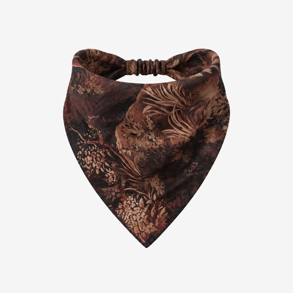 TUK Branch Out Headband Bandana with earthy brown botanical print, tapered bandana shape and comfortable gathered elastic back.