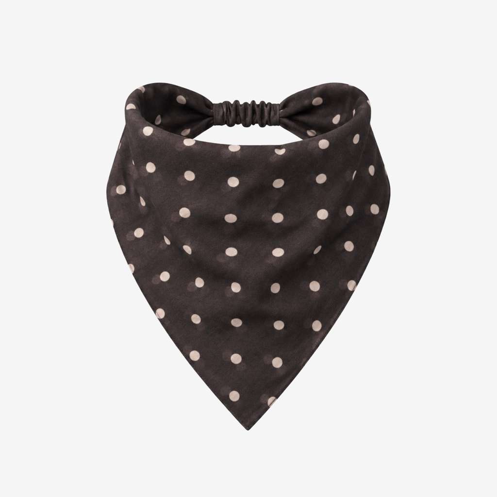 TUK Brown Study Headband Bandana in rich brown with cream polka dots, featuring a tapered shape and a gathered elastic back.