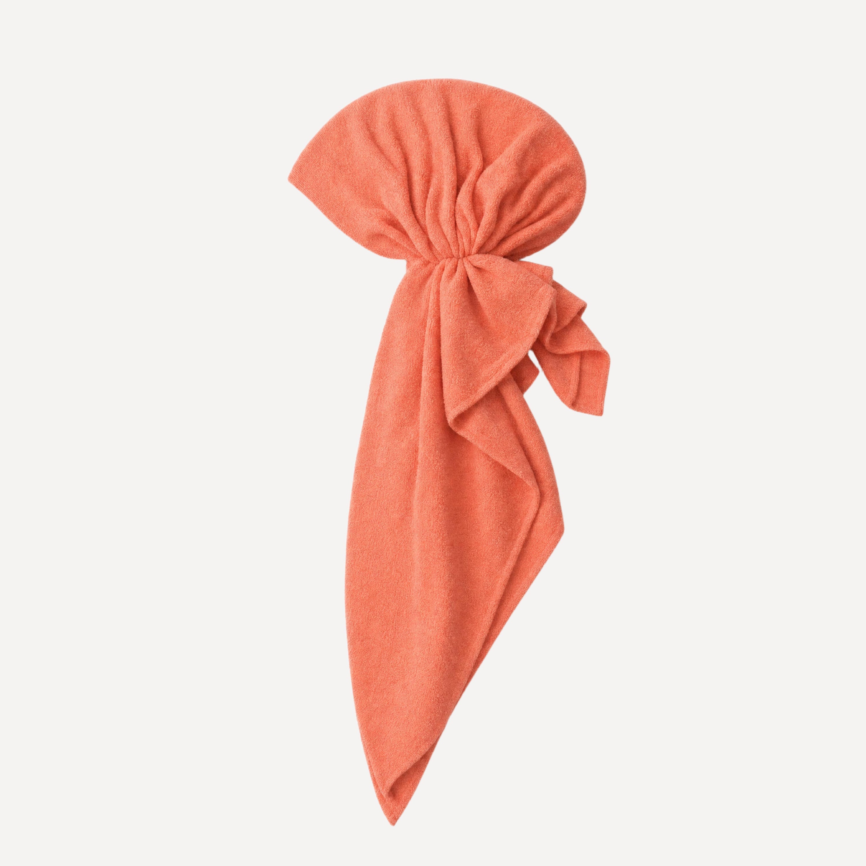 Burnt Orange Terry Head Scarf with gathered crown design, soft textured fabric, and elegant asymmetrical drape styling.