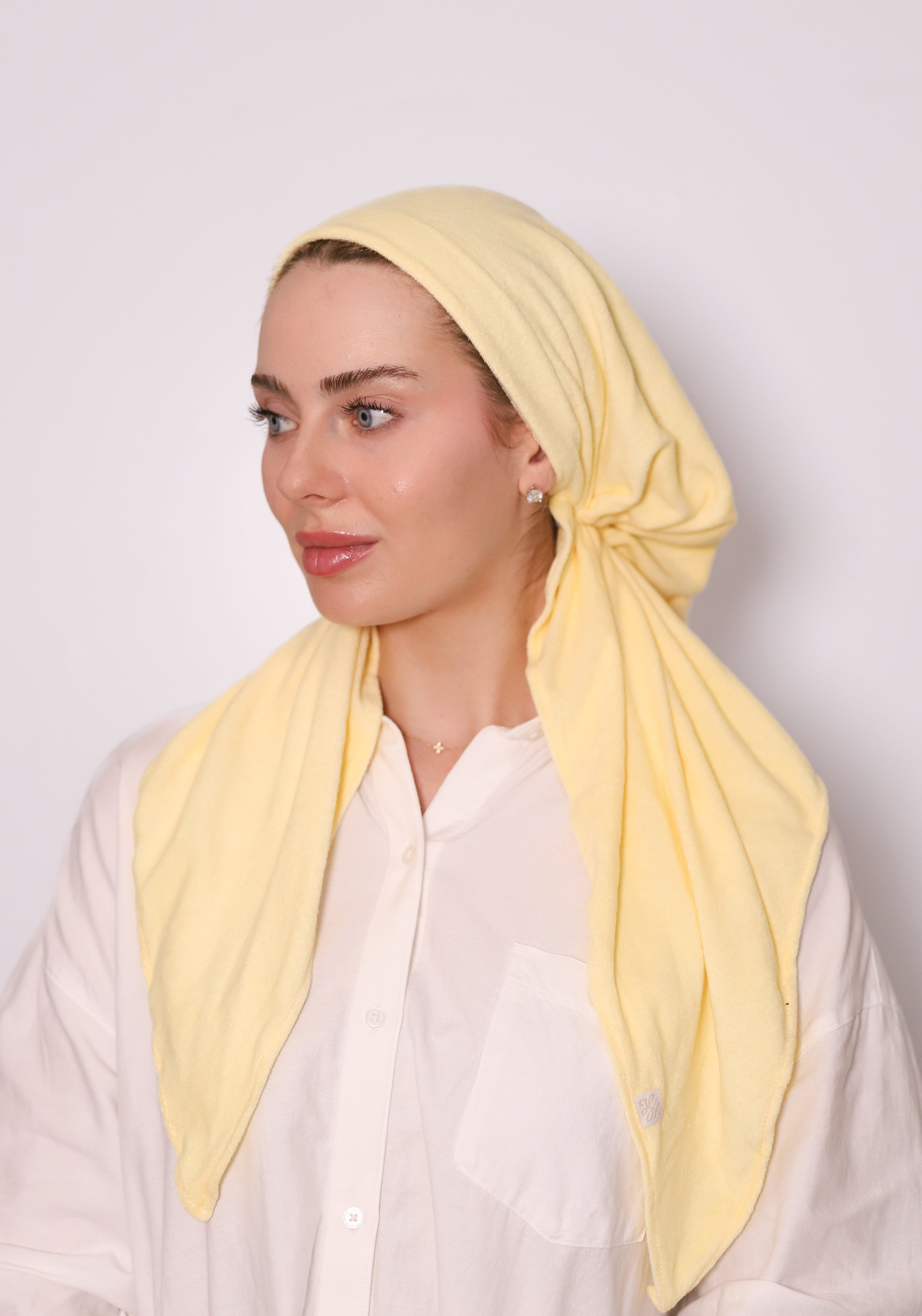 Butter Yellow Terry Head Scarf by TUK in soft absorbent terry fabric, stylish modest hair wrap for everyday comfort and elegance.