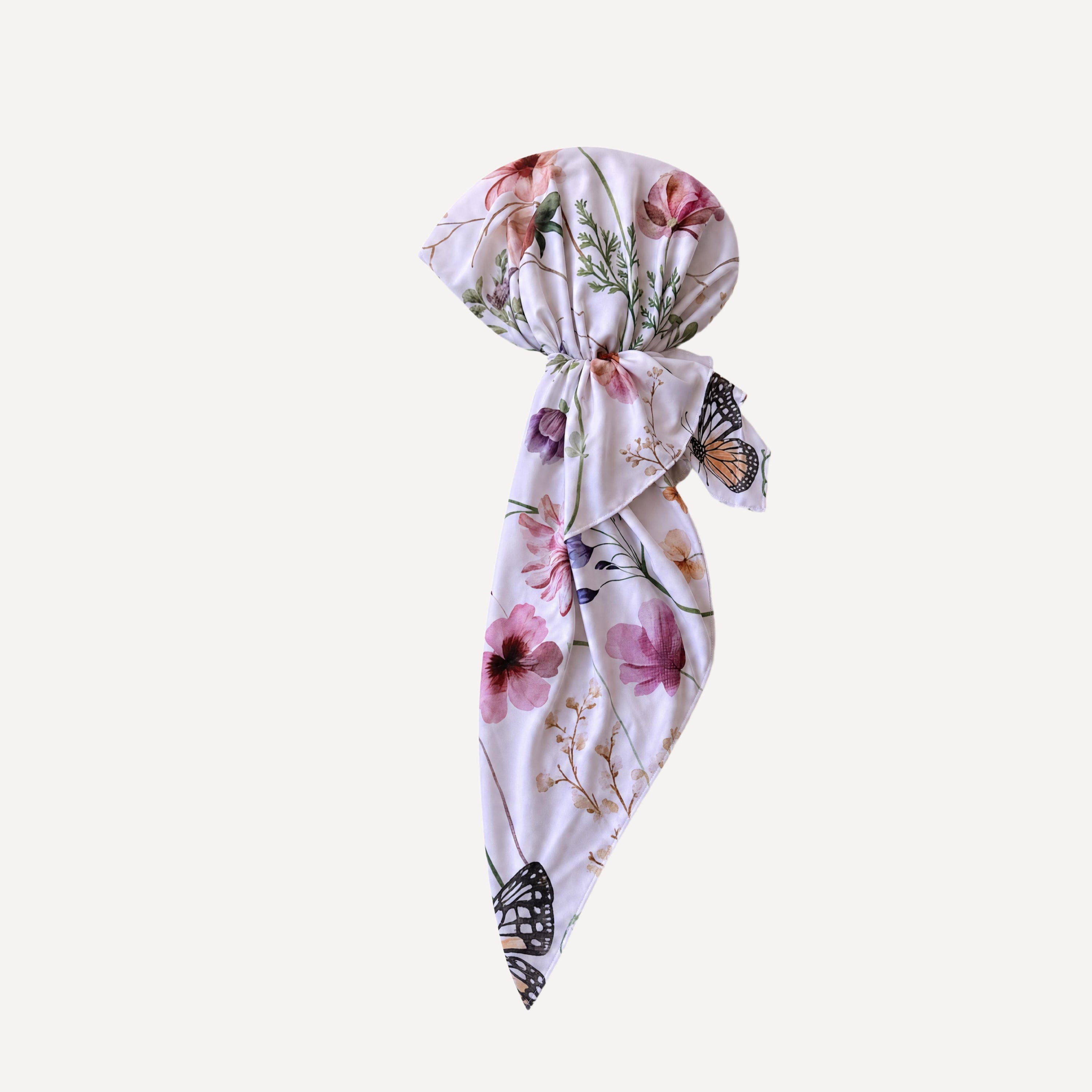 Butterfly Garden Swim Head Scarf with soft floral blooms and butterfly print, elegant pastel beach and pool accessory.