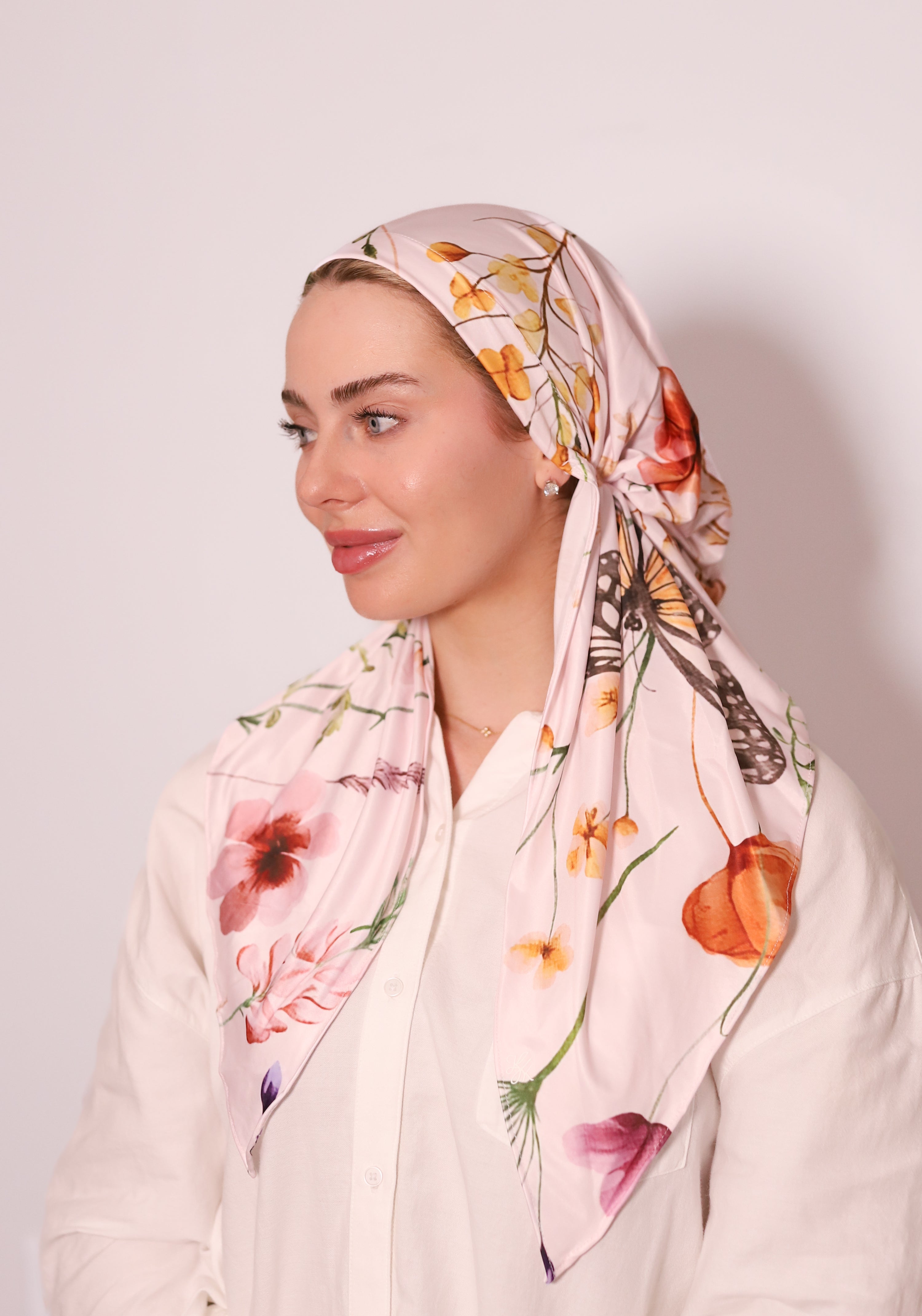 Butterfly Garden Swim Head Scarf by TUK featuring elegant butterfly and floral print, lightweight modest swim headscarf design.