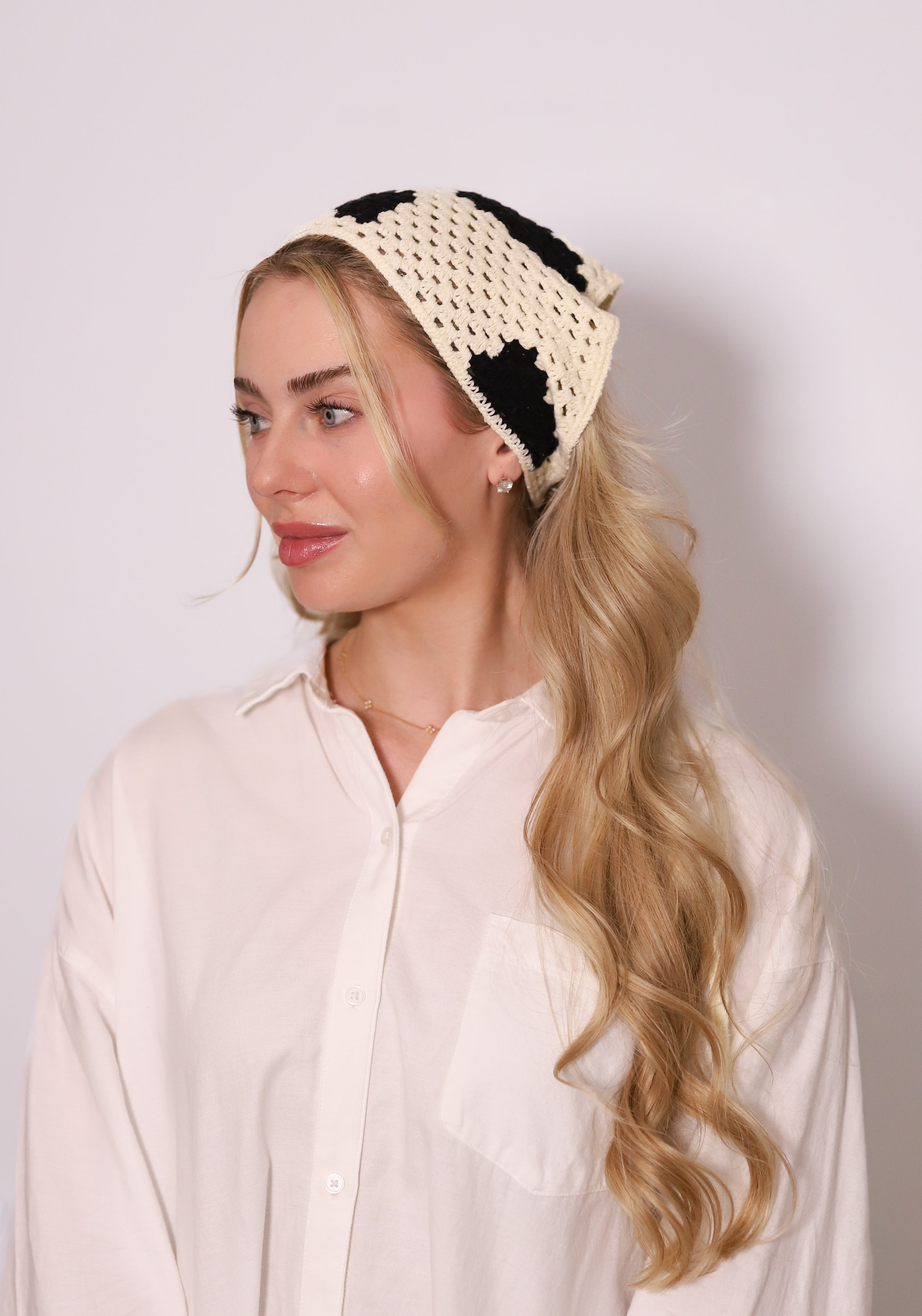 Calf Hair Crochet Bandana by TUK – black and cream crochet headband bandana with cow-print design, soft knit style accessory.