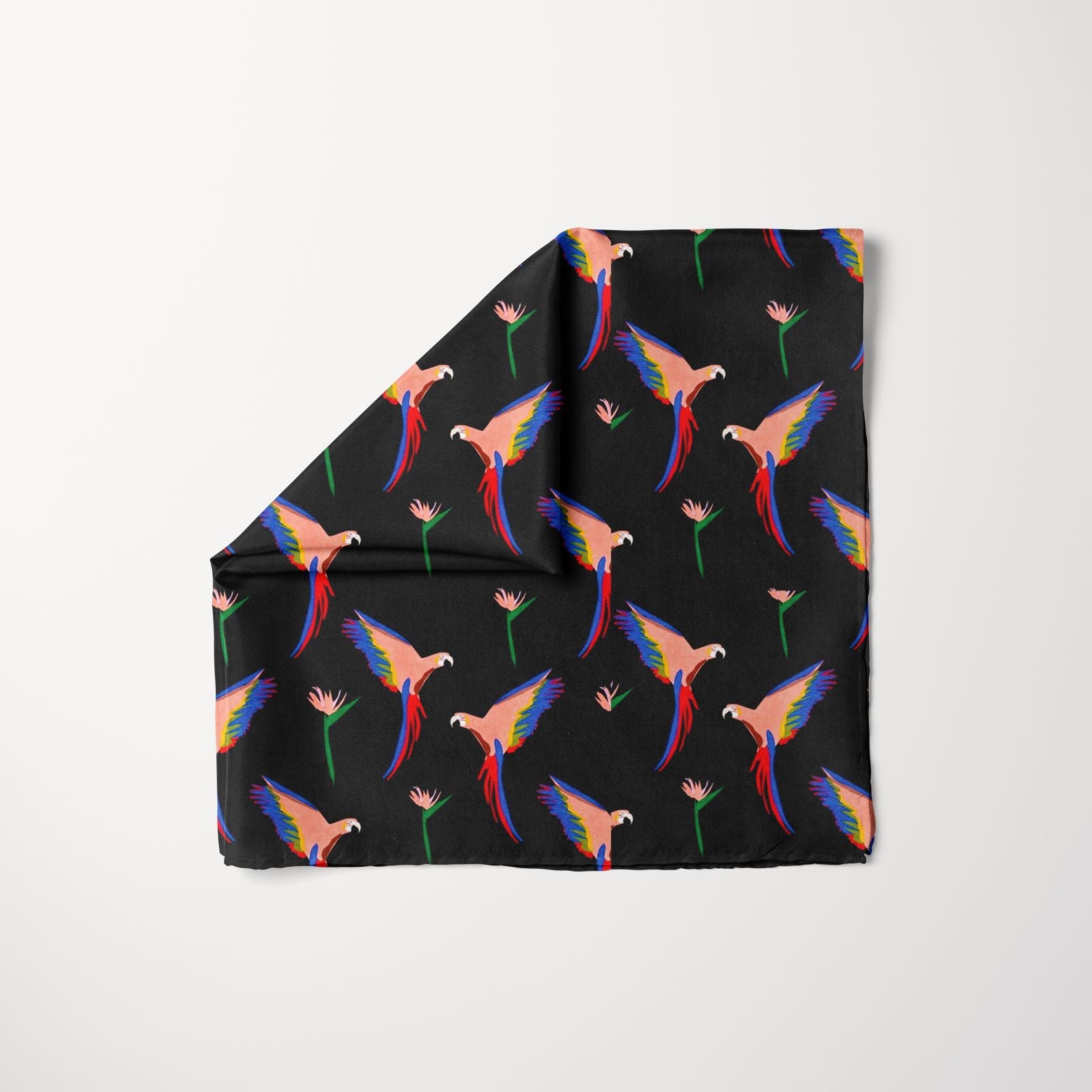 TUK Call Sheet Pre Tied Head Scarf with vibrant macaw and floral print on a black background, designed for bold and effortless style.