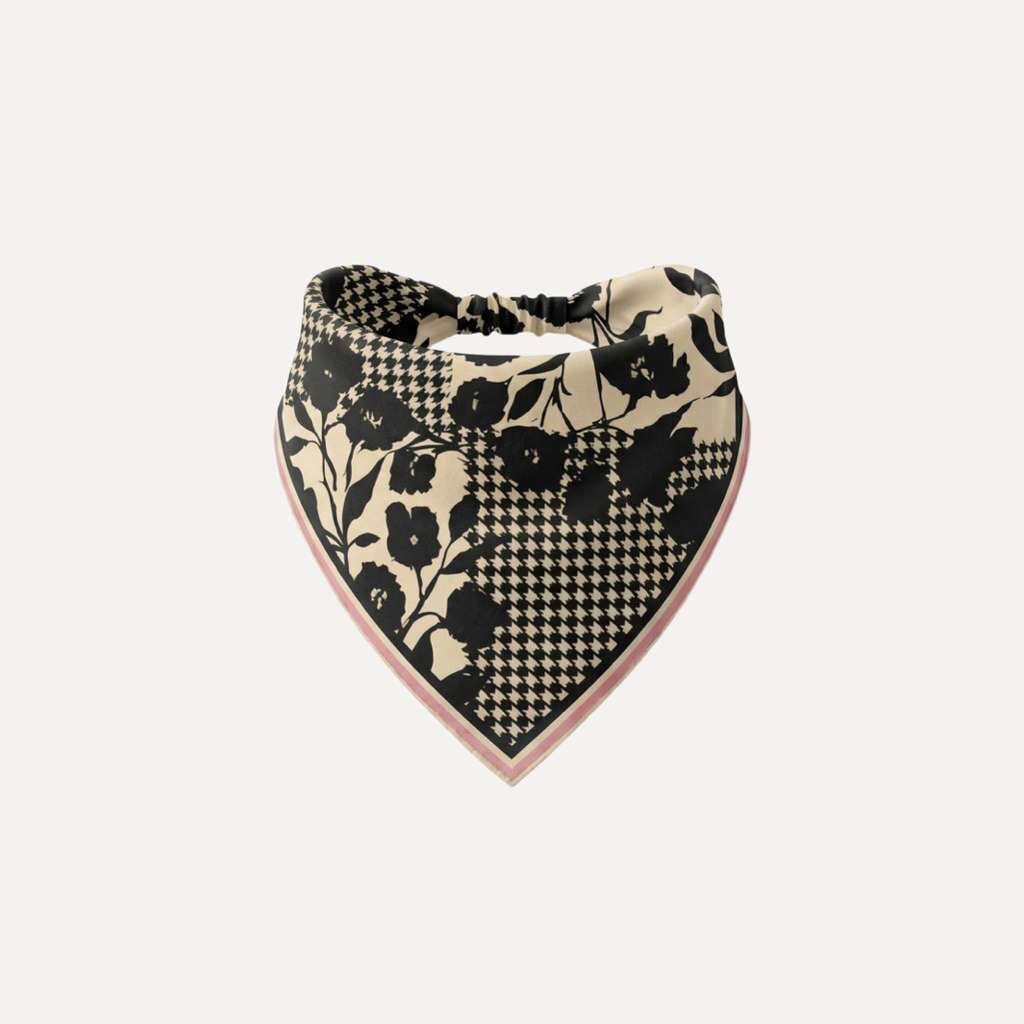 Checked Out Headband Bandana by TUK with black and cream floral and houndstooth print, elastic back stylish hair accessory.