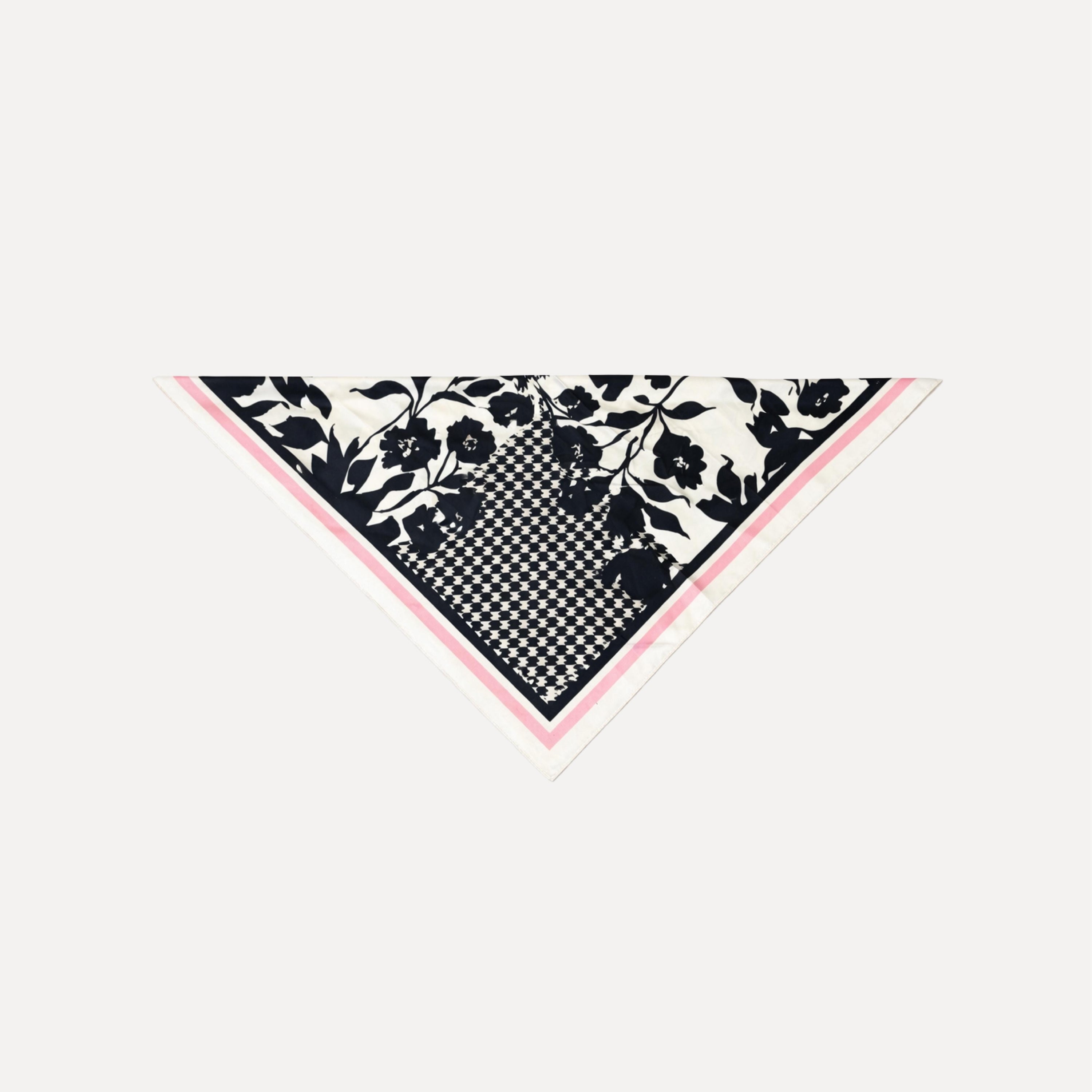 TUK Checked Out Silk Scarf with black floral and checkered pattern, elegant silk headscarf with pink border, luxury fashion accessory for women.