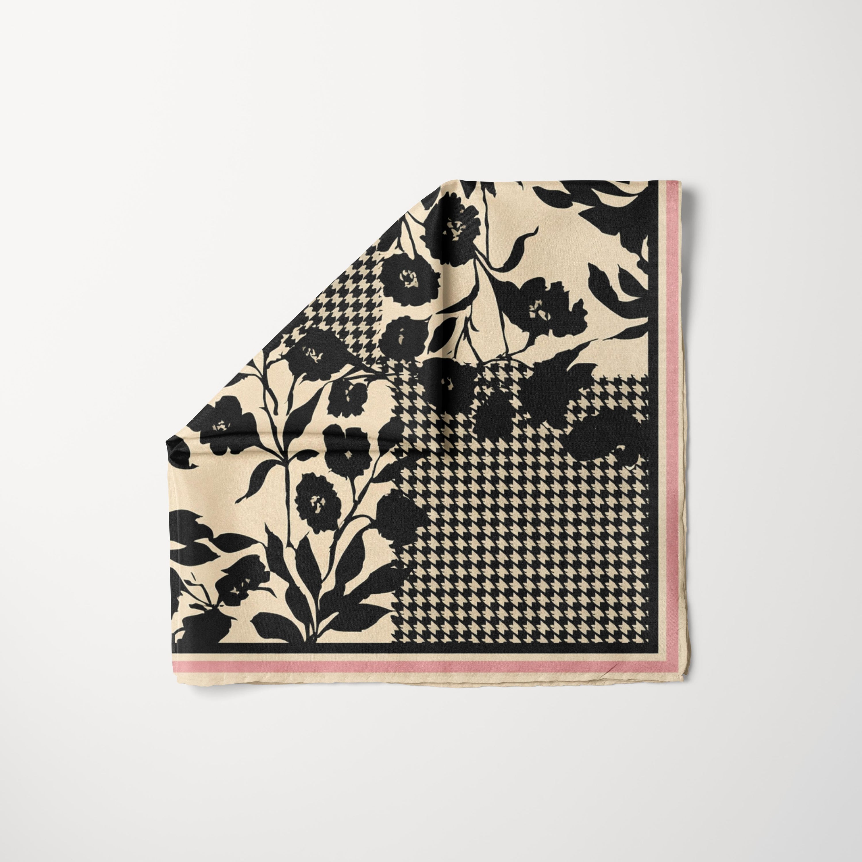 Black and cream floral and houndstooth patchwork headscarf with soft pink border, stylish Checked Out design by TUK.