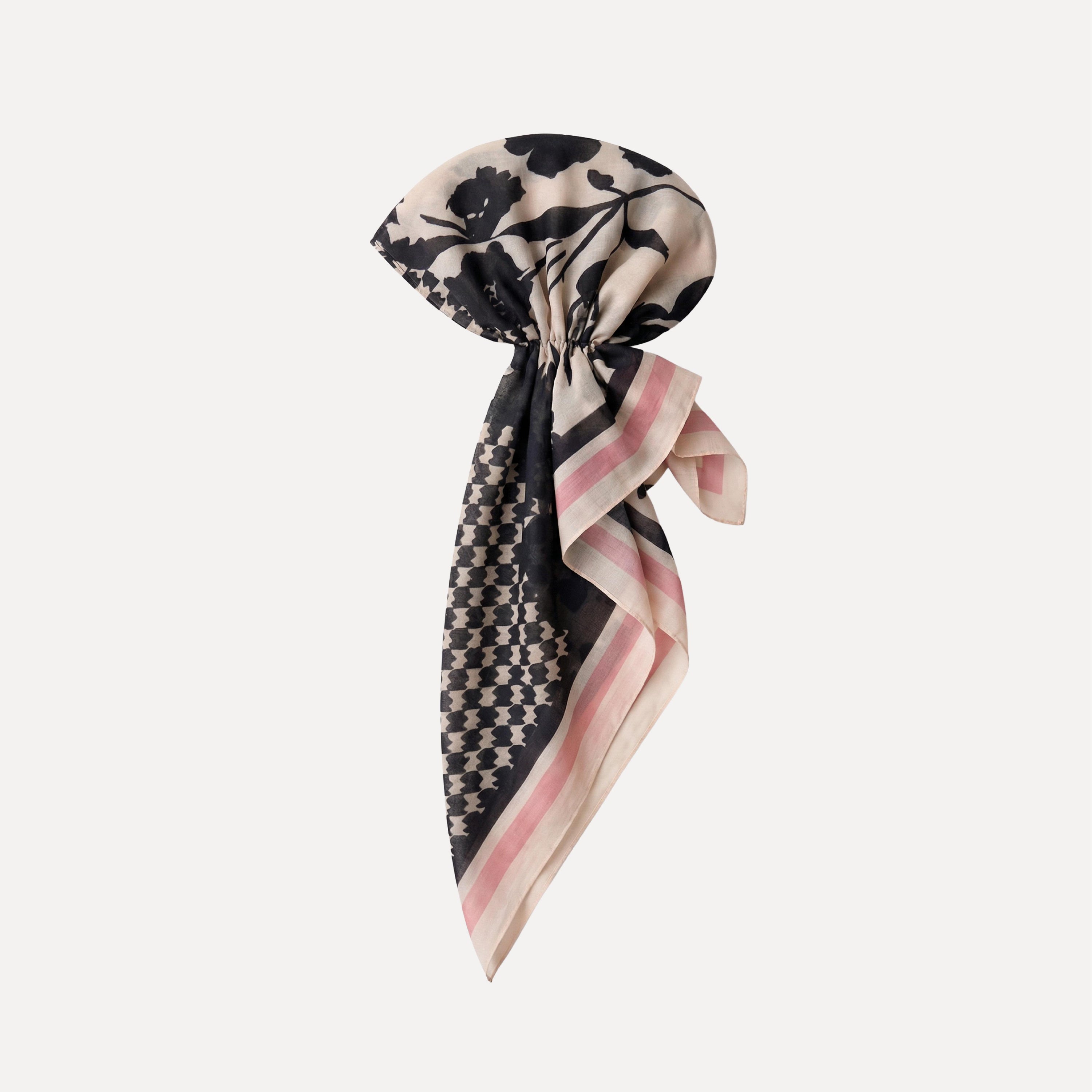 TUK Checked Out Pre Tie headscarf with black floral and check pattern, beige and pink trim, pre-tied scarf accessory for wrap.