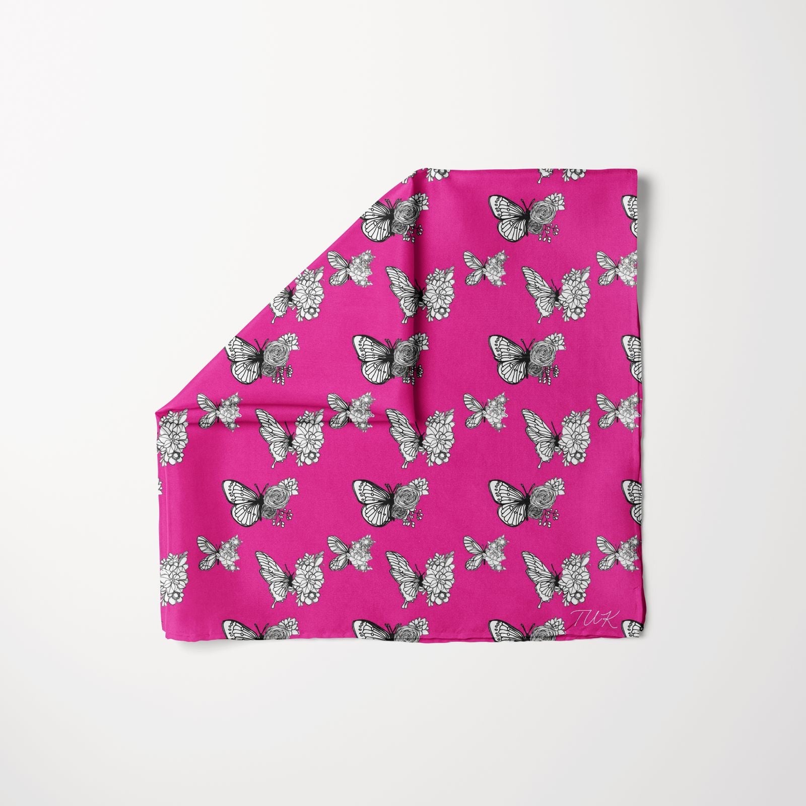 Graphic fashion scarf with hand-drawn butterfly and cherry bloom motifs