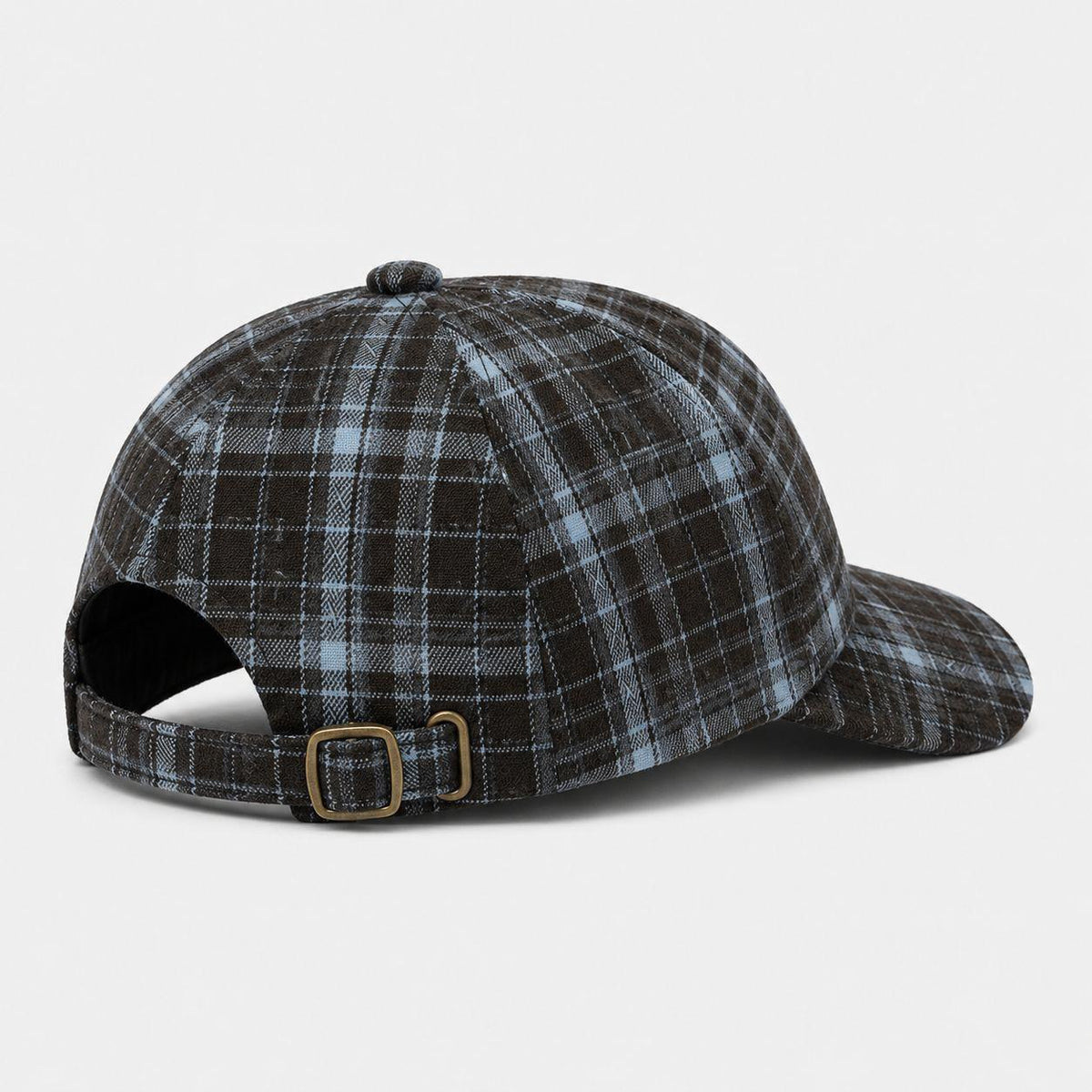 TUK Chestnut Blue Check Heritage Plaid Cap in rear view, featuring a brown and blue plaid pattern with an adjustable brass buckle.