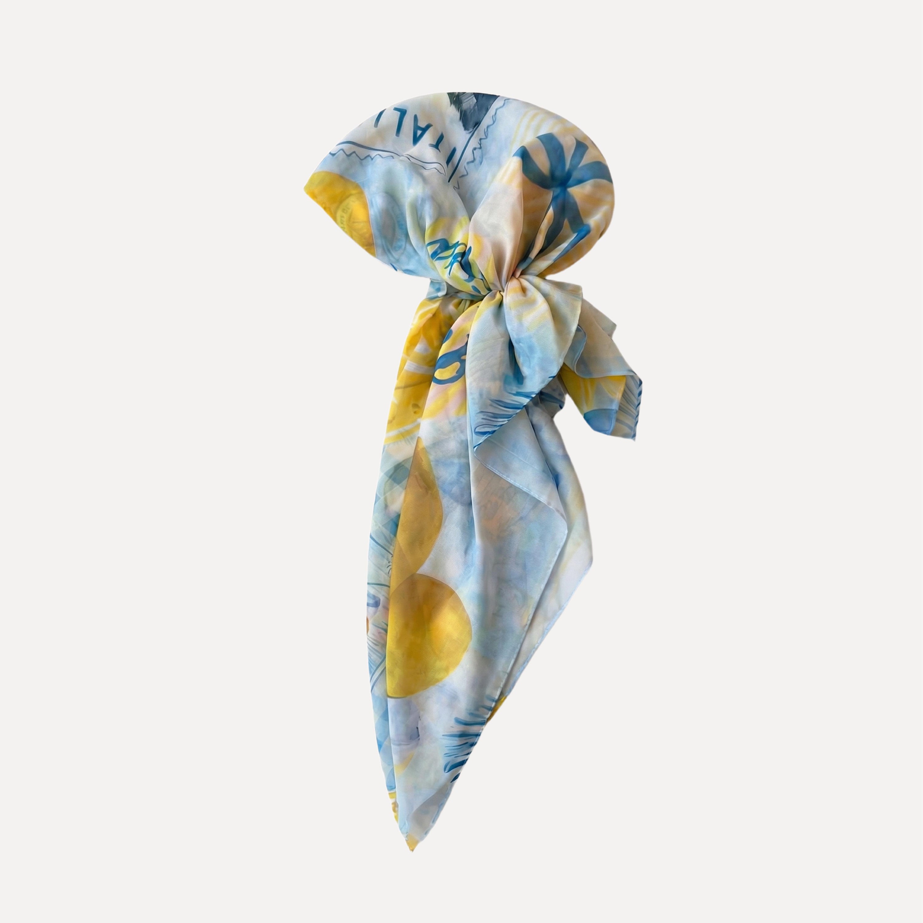 Tie Ur Knot Ciao For Now head scarf pre-tied style with lemon print, blue-yellow Italian coastal design, chic summer hair accessory.