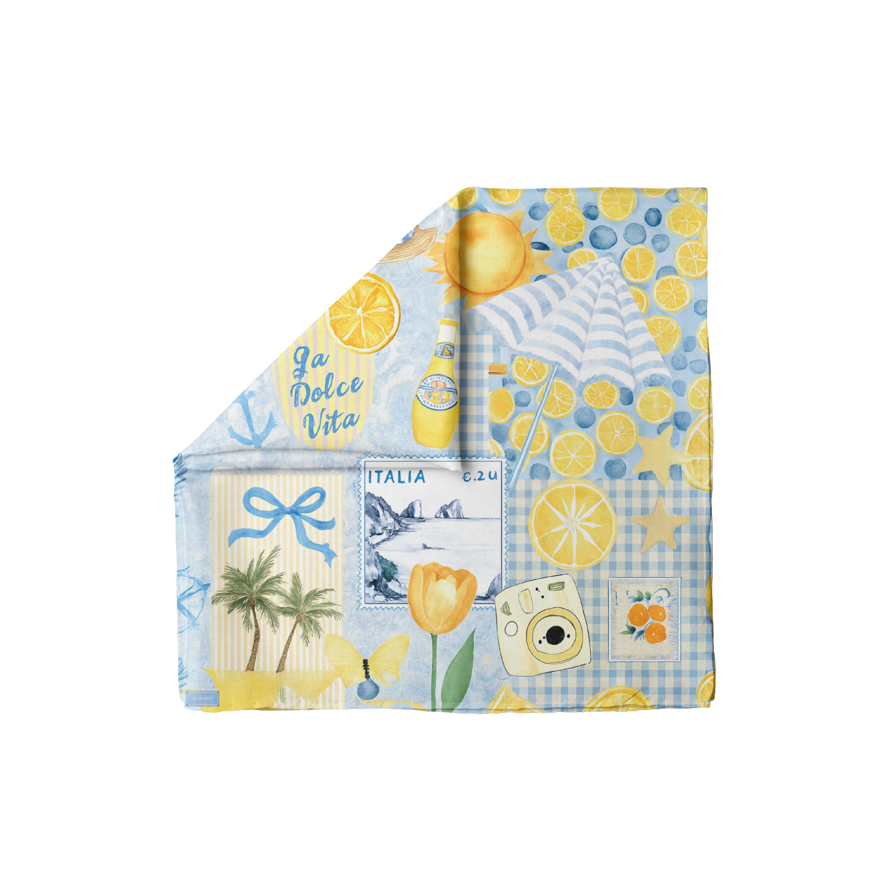 Tie Ur Knot Ciao For Now head scarf with lemon print, Italian coastal motifs, sun, umbrella, and blue-yellow summer pattern.
