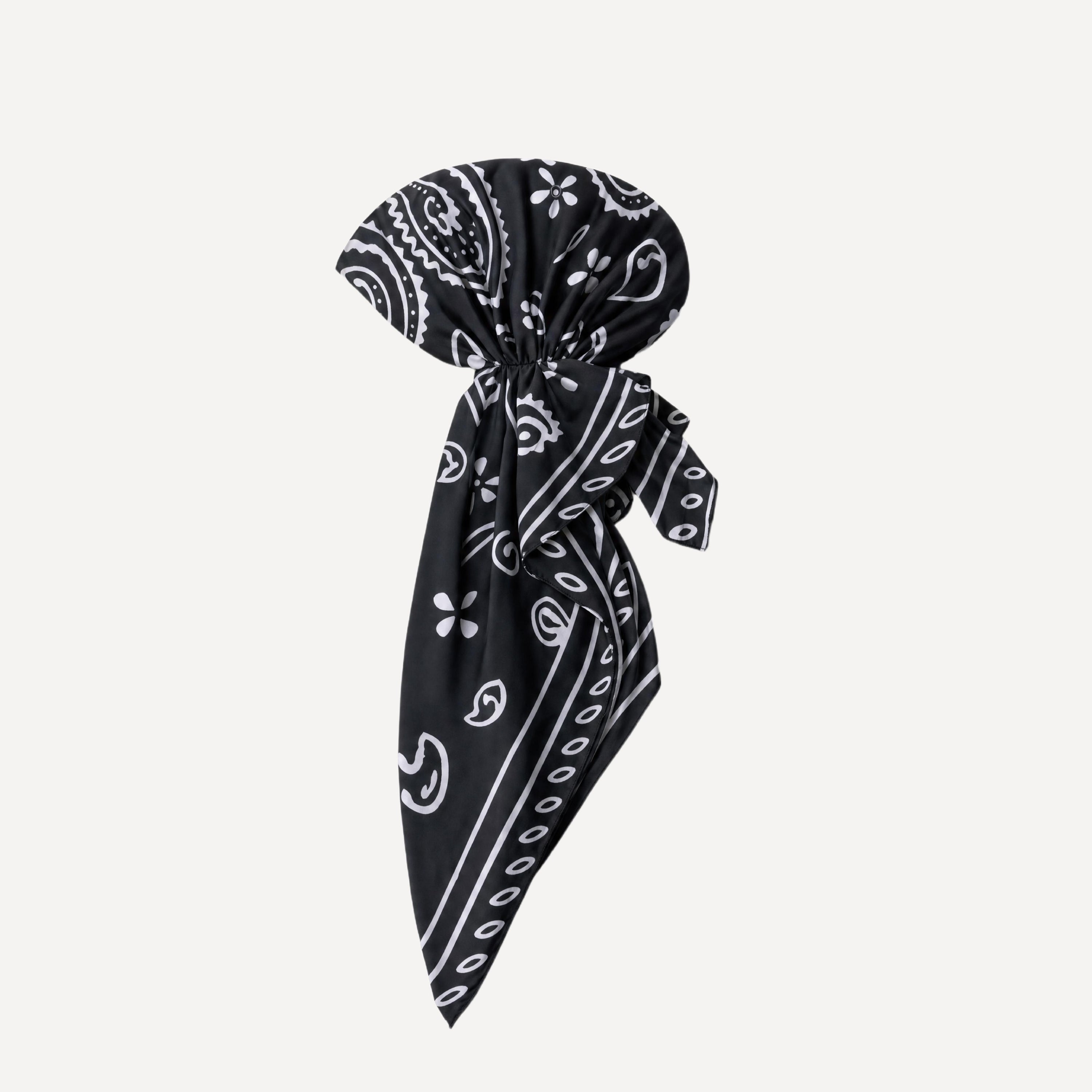 Classic Bandana Swim Head Scarf in black and white paisley print waterproof wrap for stylish swim and beachwear women.