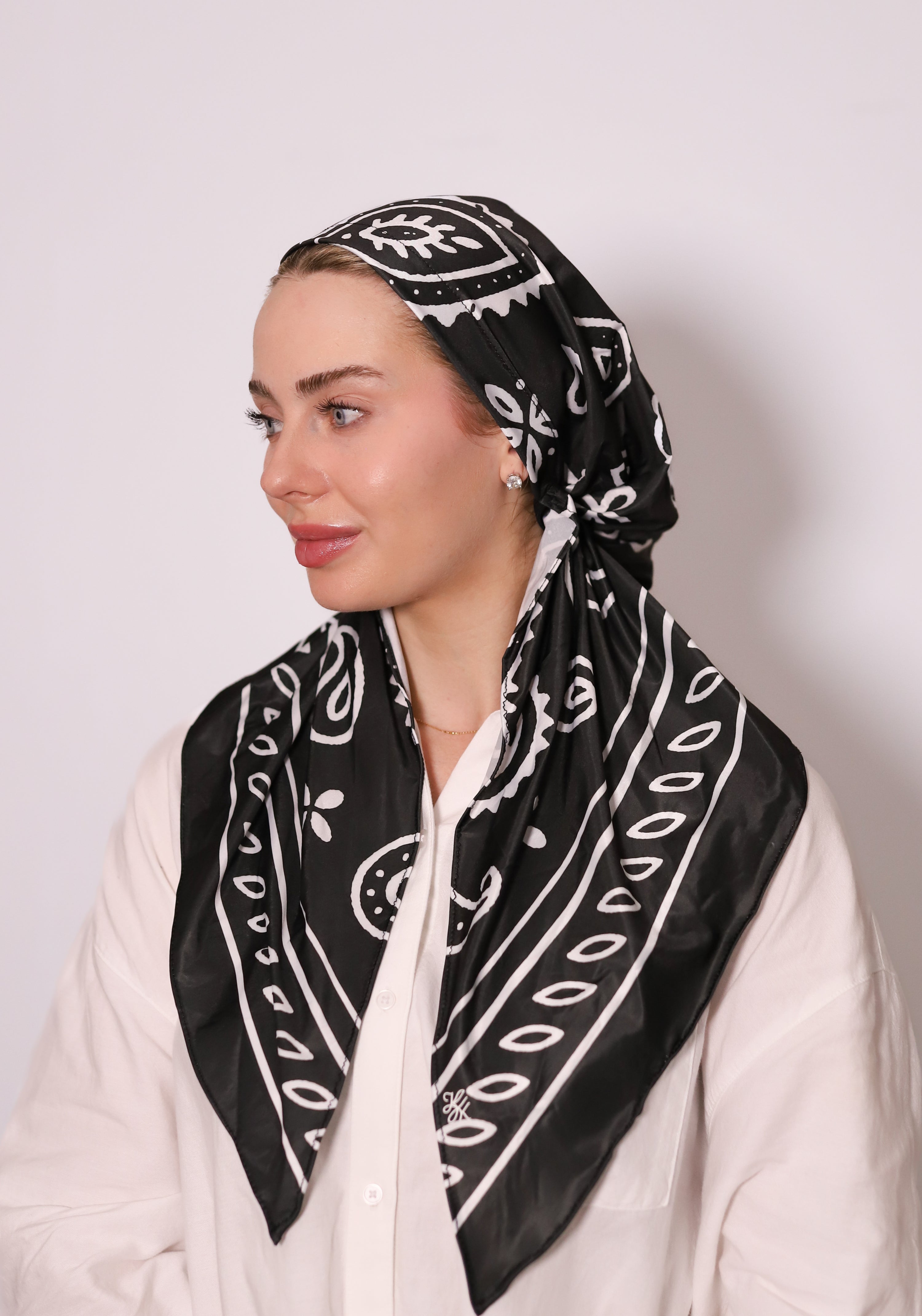 Classic Bandana Swim Head Scarf by TUK featuring a black-and-white bandana print, modest full-coverage swim headscarf design.
