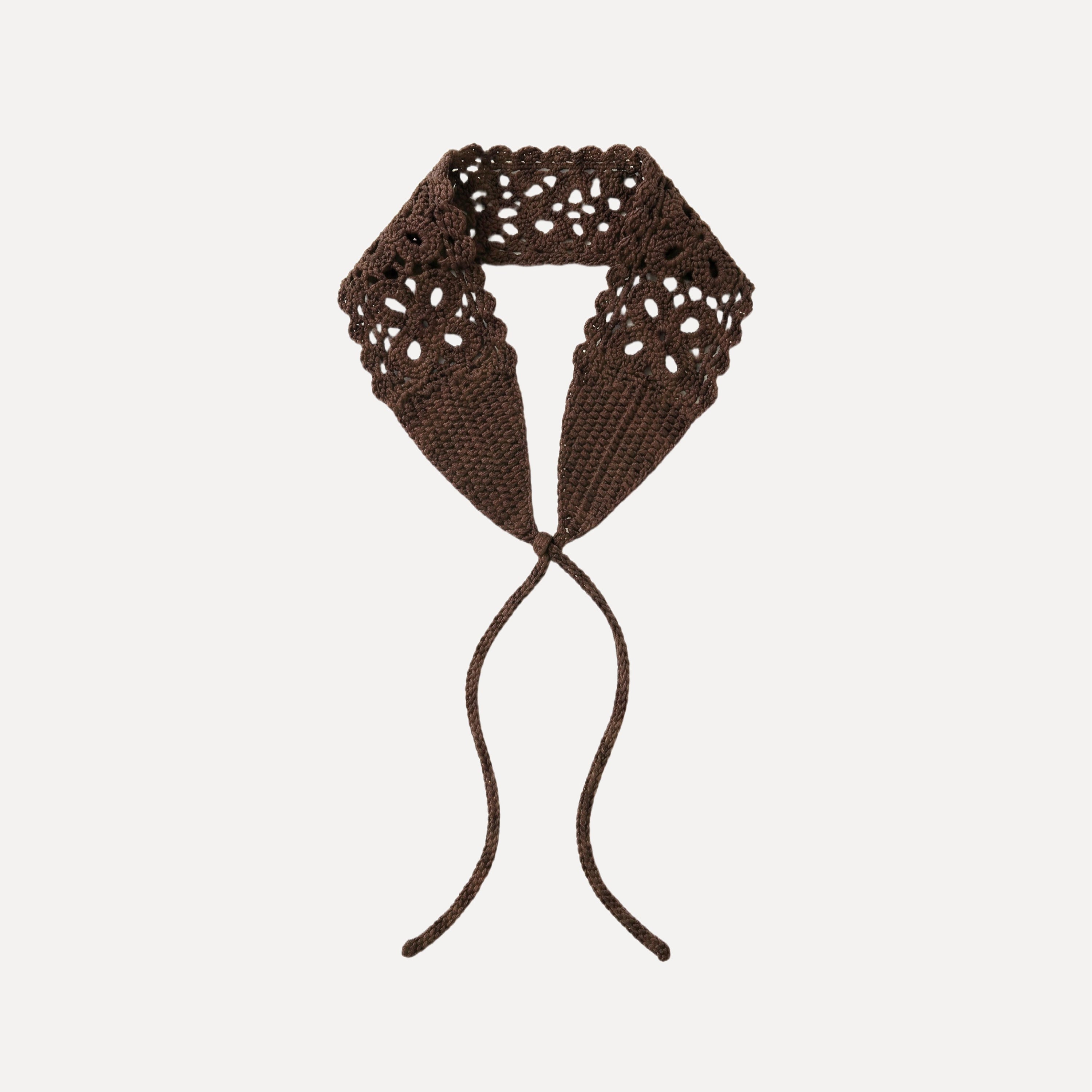 Cocoa Crochet Headband by TUK, brown handmade crochet hair accessory with tie-back design and floral lace pattern, back view.
