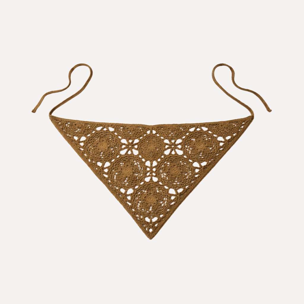 Cocoa Crochet Bandana by TUK featuring a brown crochet triangle scarf with floral lace details and tie straps.