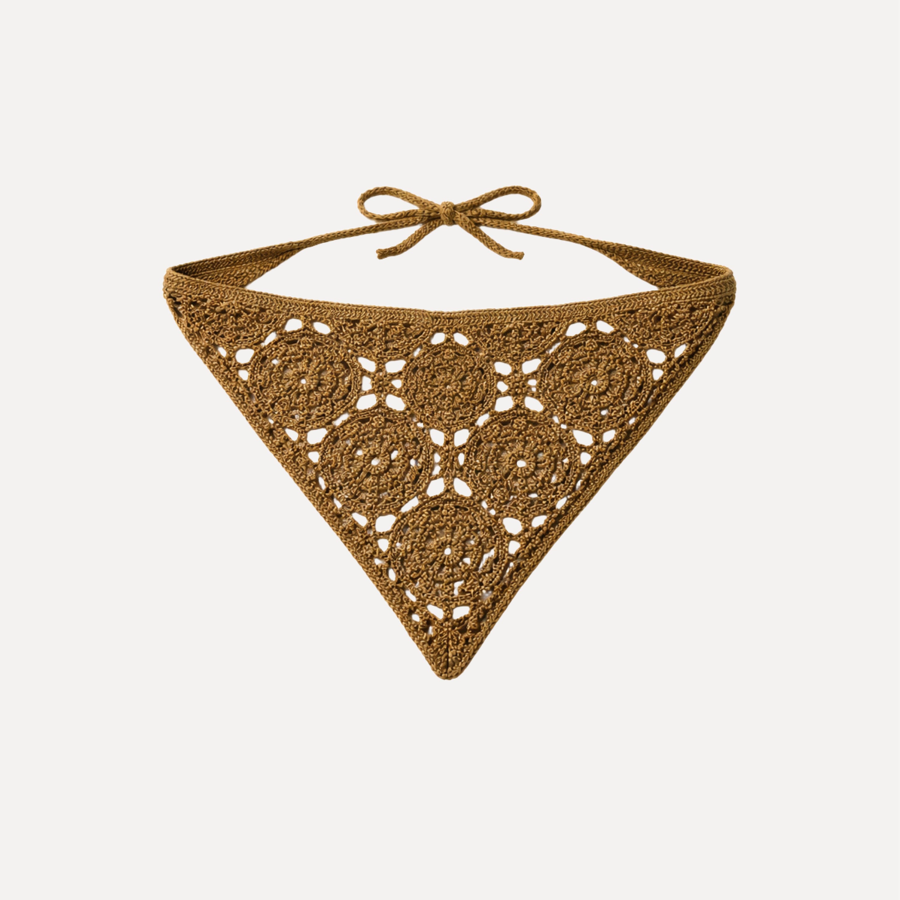 Cocoa Crochet Bandana by TUK featuring a brown floral lace crochet triangle design with adjustable tie straps for styling.
