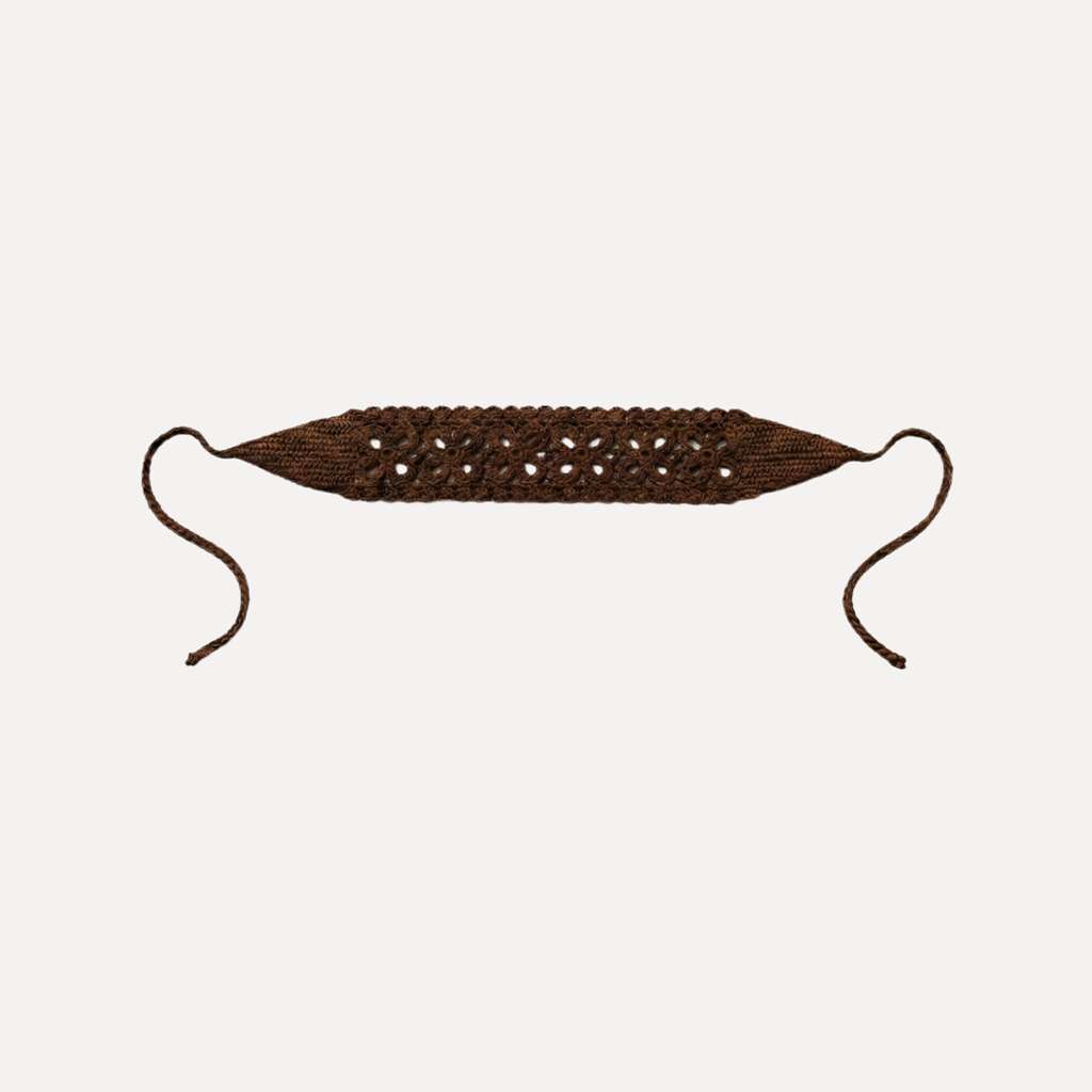 Cocoa brown handmade crochet headband with tie ends and delicate lace pattern.