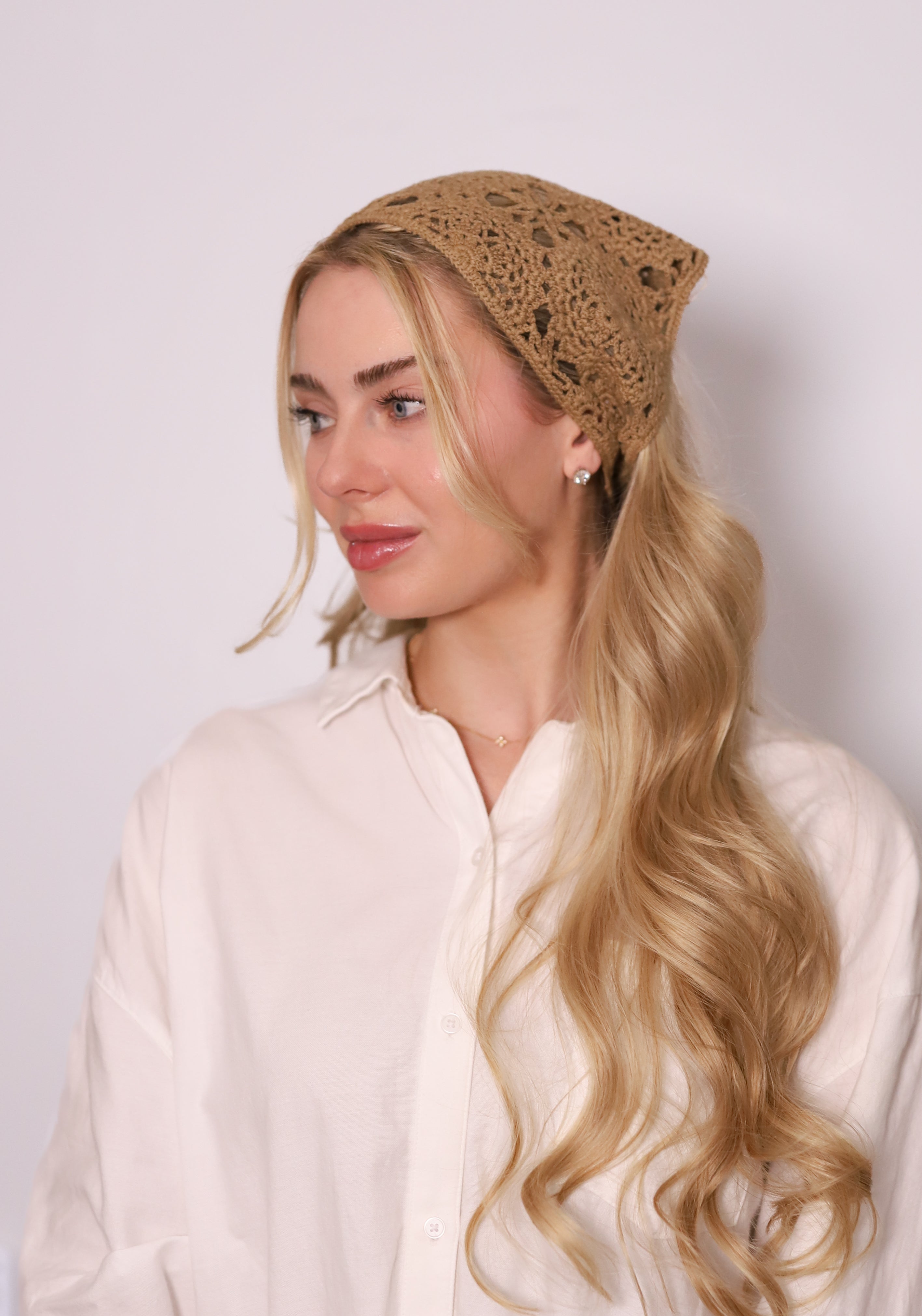 TUK Cocoa Crochet Bandana – warm brown crochet headscarf with airy open-knit design, trendy boho hair accessory style.