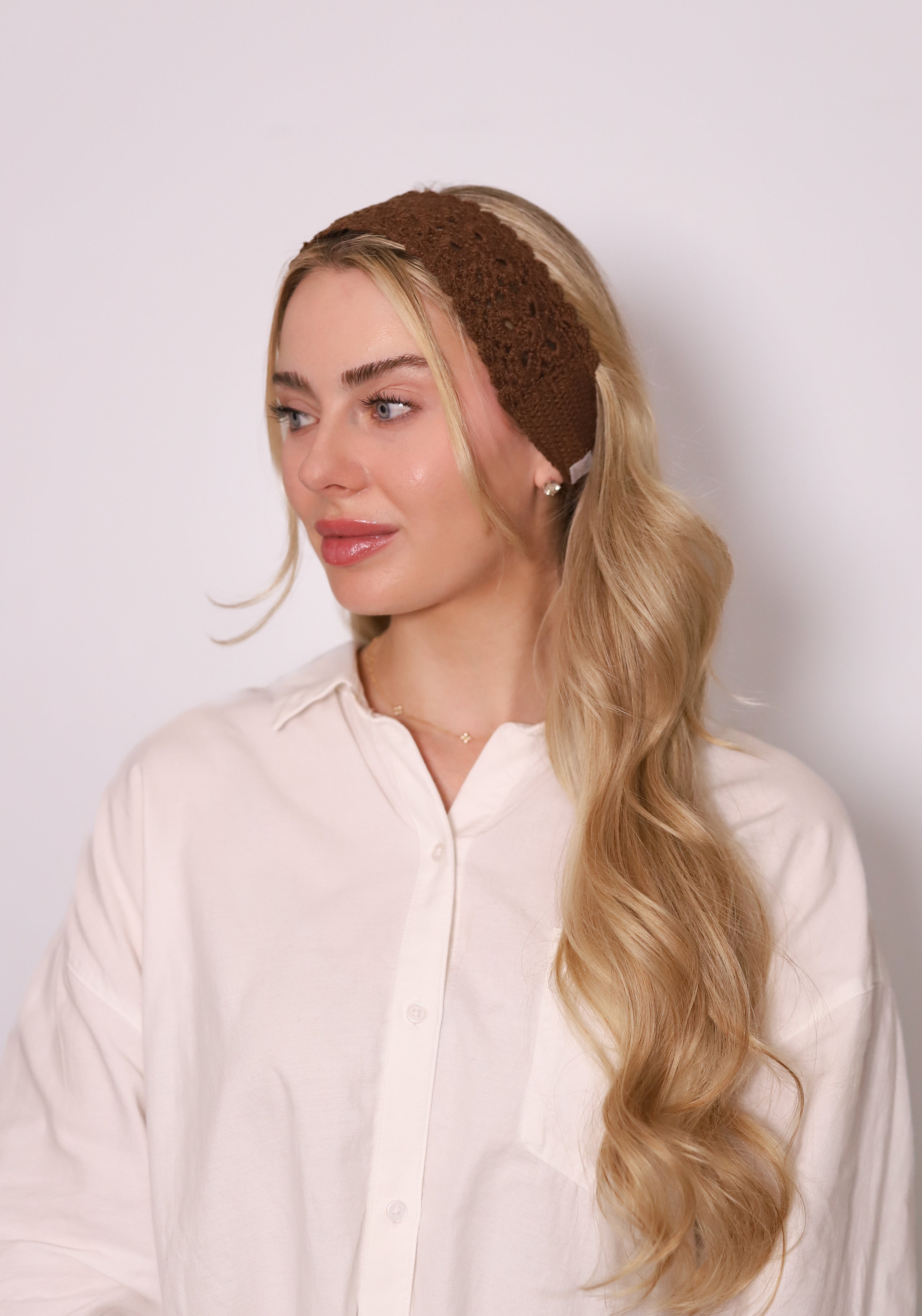 TUK Cocoa Crochet Headband – brown crochet headband with textured knit design, comfortable boho hair accessory style.