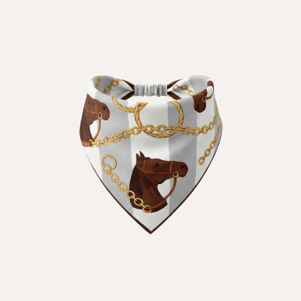 TUK Cool Reins Headband Bandana with horse head and gold chain print on white, silk-style scarf featuring equestrian design elegance.