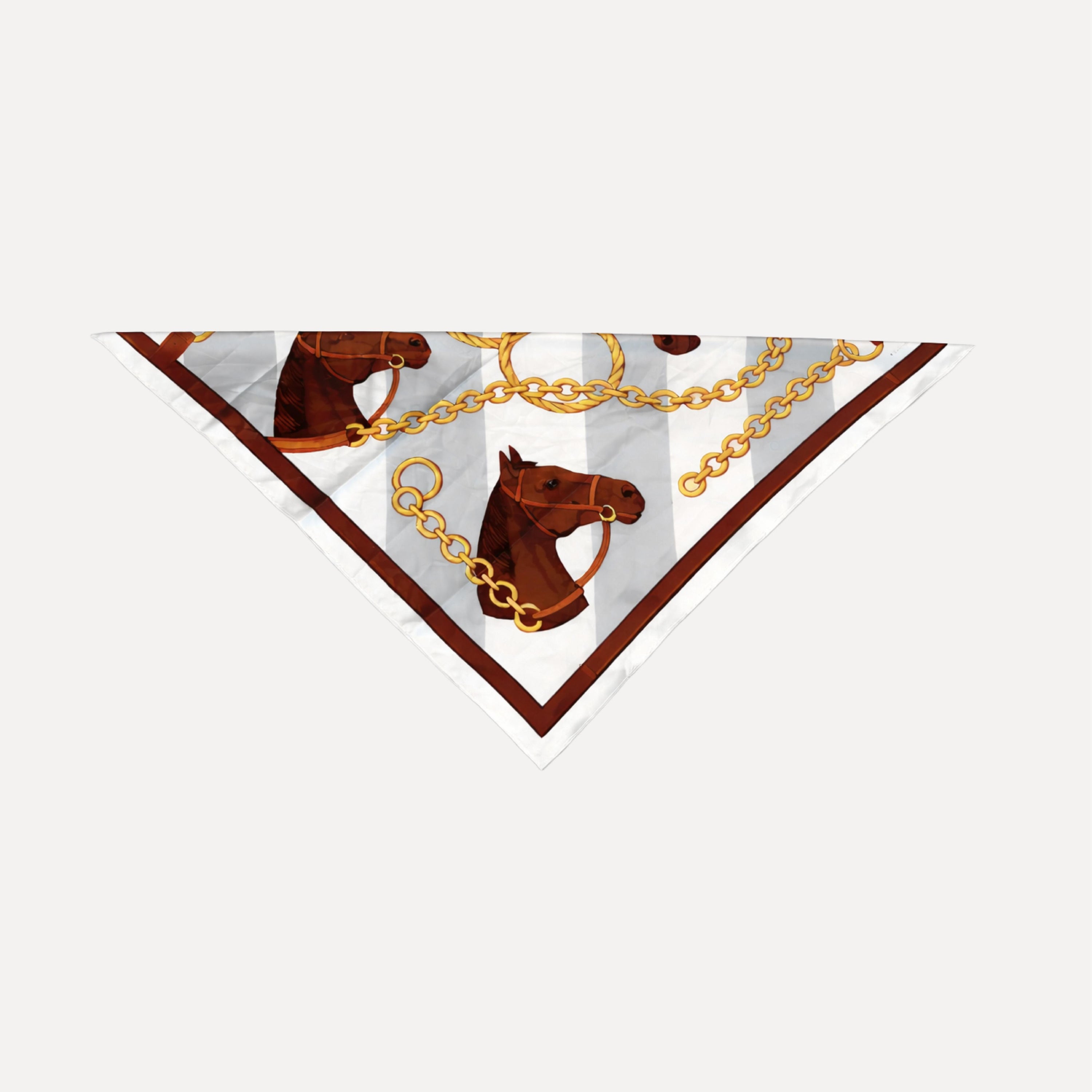 TUK Cool Reins Silk Scarf headscarf with horse and gold chain print, luxury silk bandana accessory in white and brown look pro.