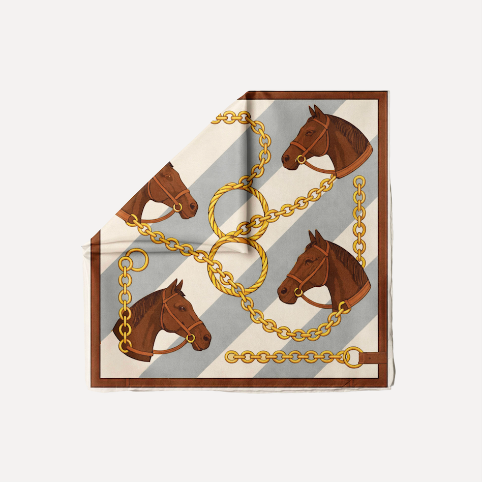 TUK Cool Reins Head Scarf featuring horse and chain print, luxury silk design with striped background in neutral tones.