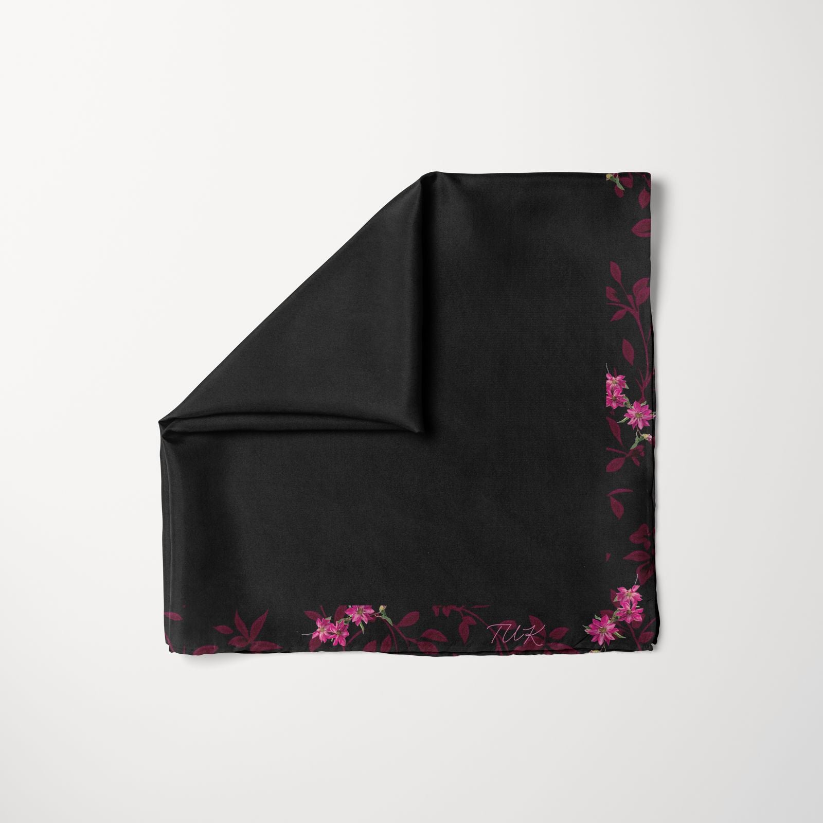 TUK Dark Frame Head Scarf in black with floral border design and pink blossoms, elegant fashion accessory for women.