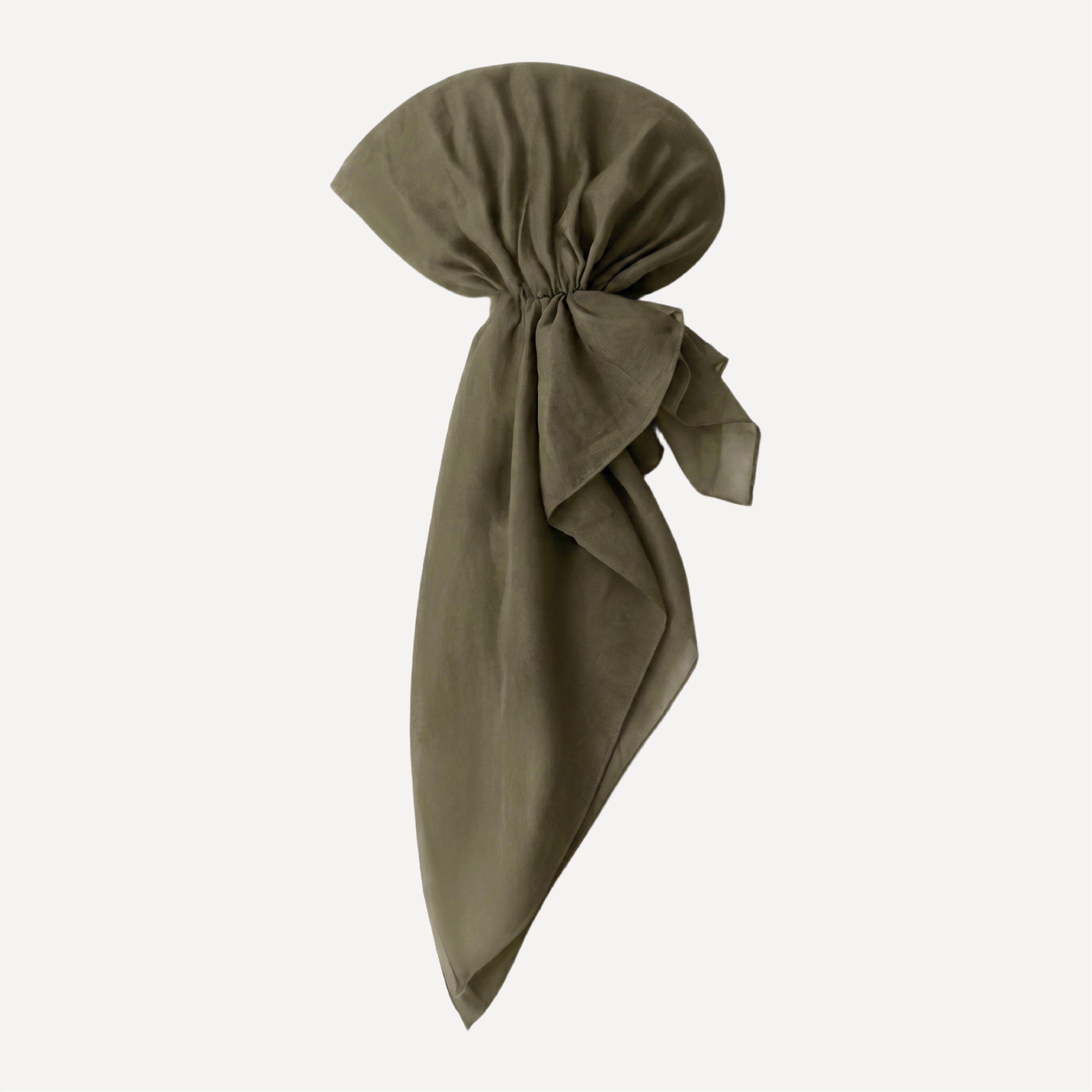 Deep Olive Solid Head Scarf by TUK styled in a pre-tied wrap, featuring a rich olive green hue, soft drape, and elegant minimalist look.