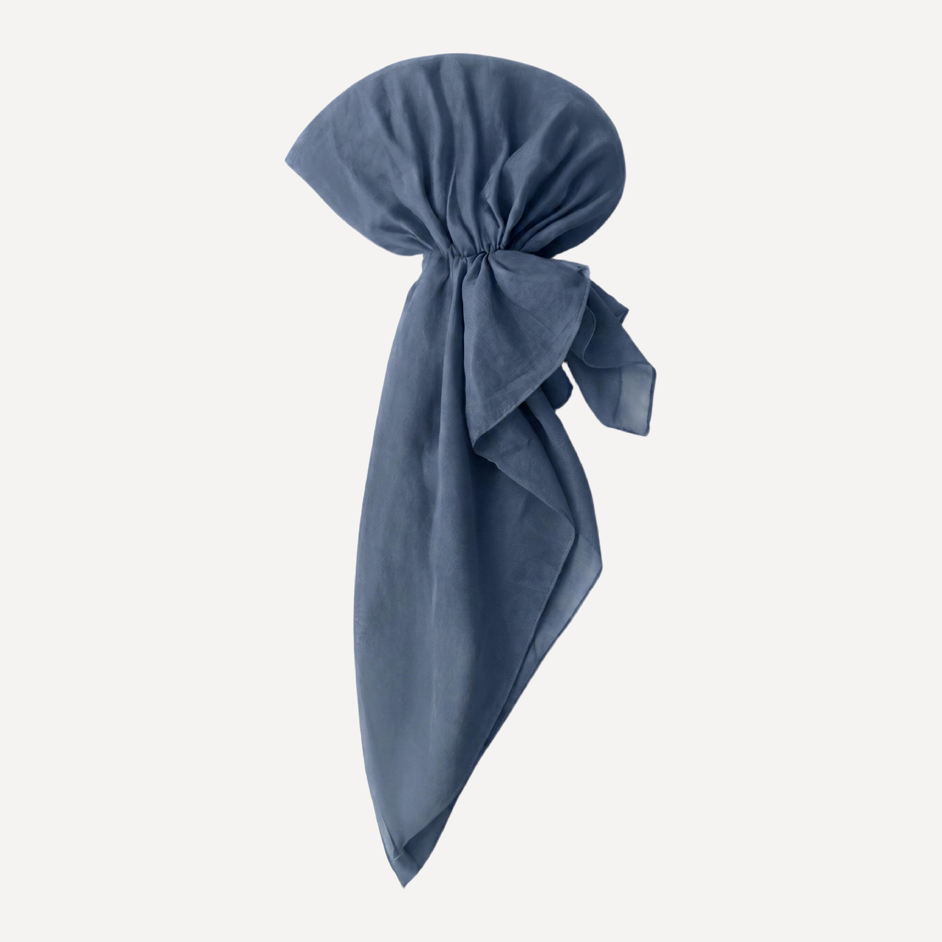 Dusty Blue Solid Head Scarf by TUK styled in a pre-tied wrap, featuring soft drape, lightweight fabric, and elegant appeal.