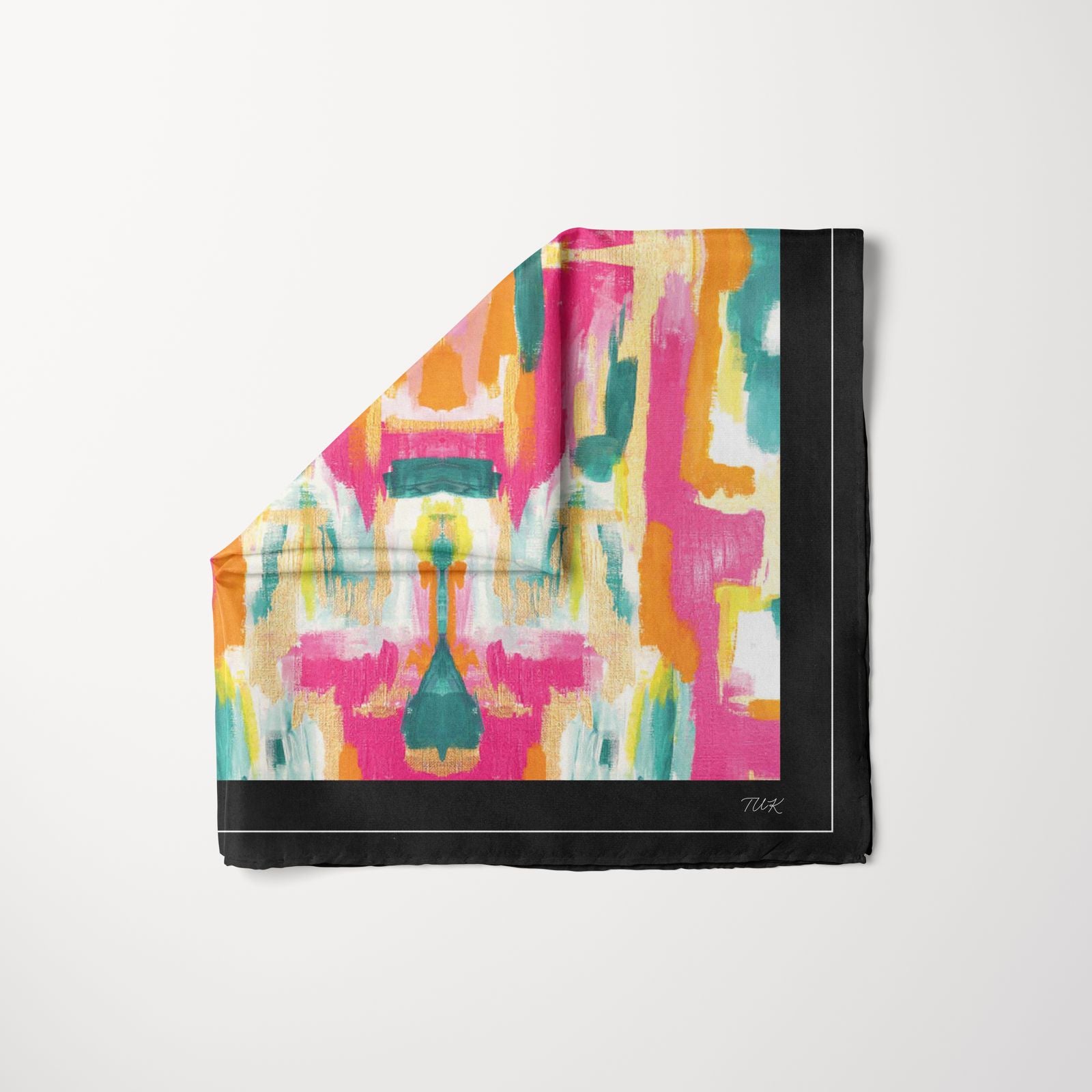 TUK Electric Feel Head Scarf with bold abstract brushstrokes in neon pink, orange, and teal, framed by a sleek black border.