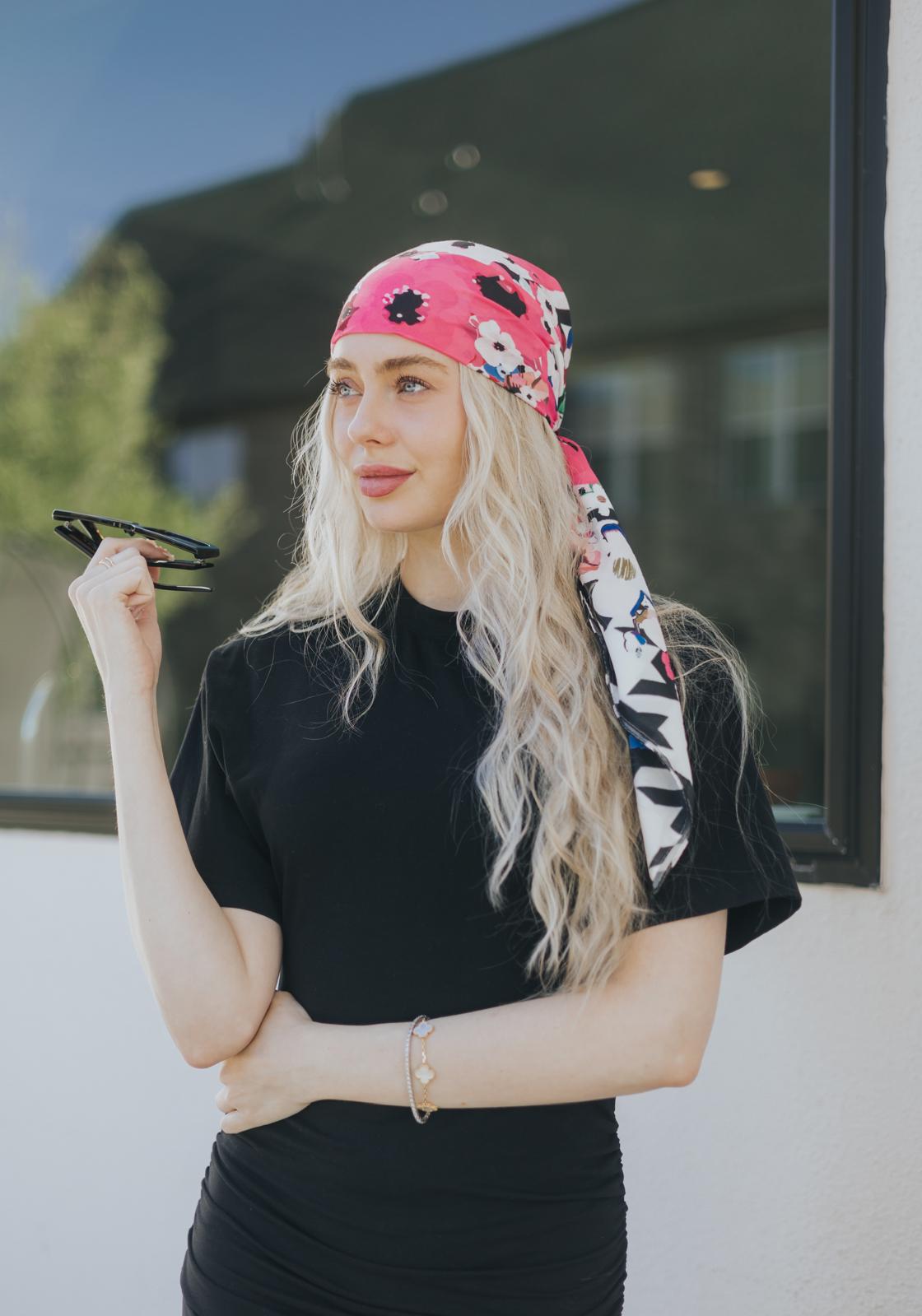Make a bold, blooming statement with the Camellia Cascade Headscarf — where vibrant color meets playful elegance.