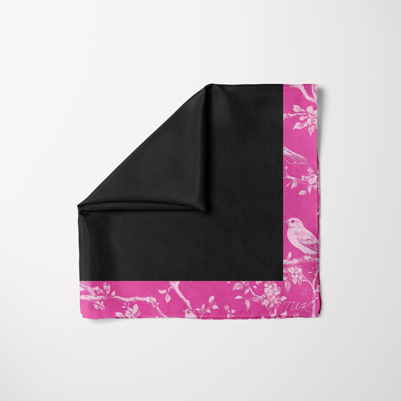 TUK Featherweight Head Scarf with black center and magenta border featuring elegant white bird and floral print design.